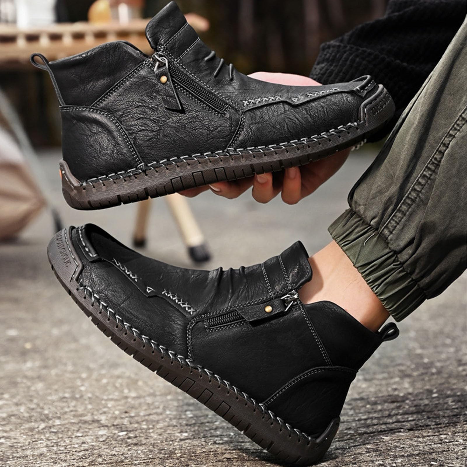 Pumio Chaussures de randonnée en Cuir Faites à la Main for Hommes | Fermeture éclair latérale, doublure polaire chaude, semelle en caoutchouc flexible, for la conduite(Black,37EU)