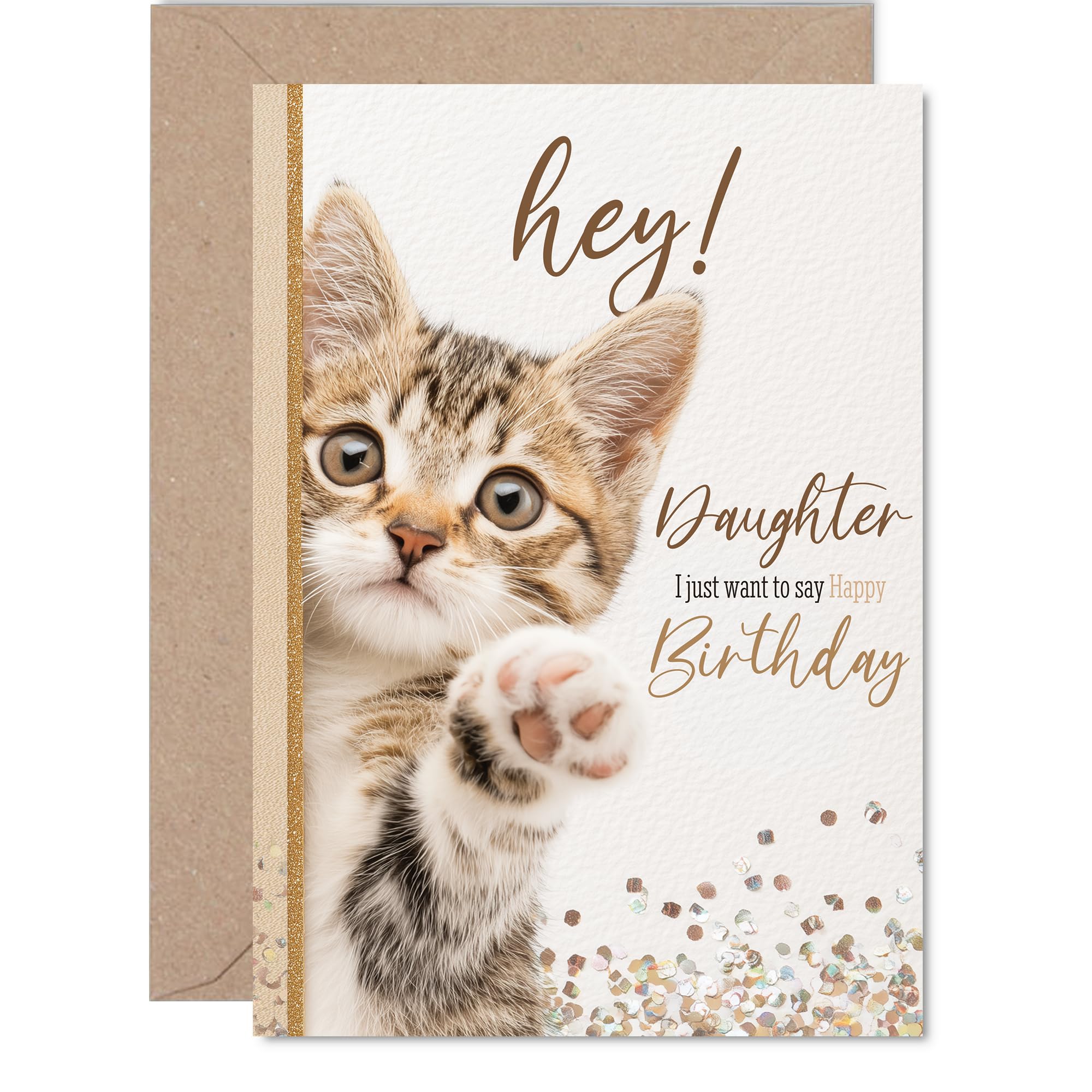 Cute Birthday Card for Daughter - Adorable Kitten and Gold Accents - Playful Feline Design Brightens Her Special Day - Sweet Message Inside for Extra Smiles - A5, Envelope Included
