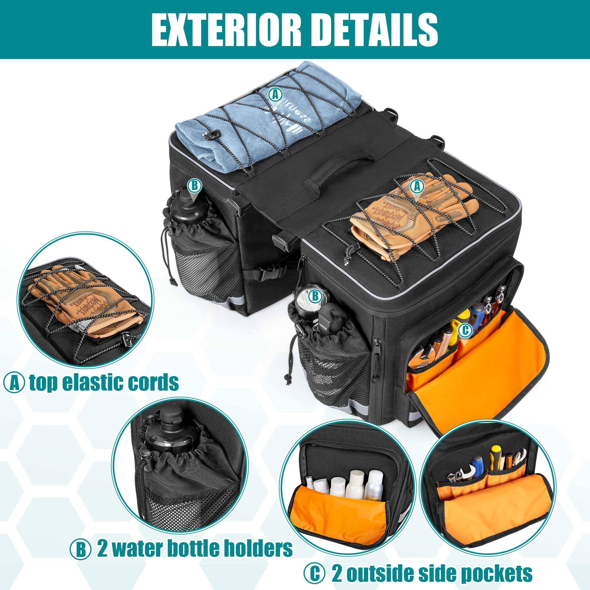 Marscamd Alforjas de bicicleta de 50 litros con cubierta para lluvia, bolsa para sillín de bicicleta con compartimento expandible y múltiples bolsillos, color negro
