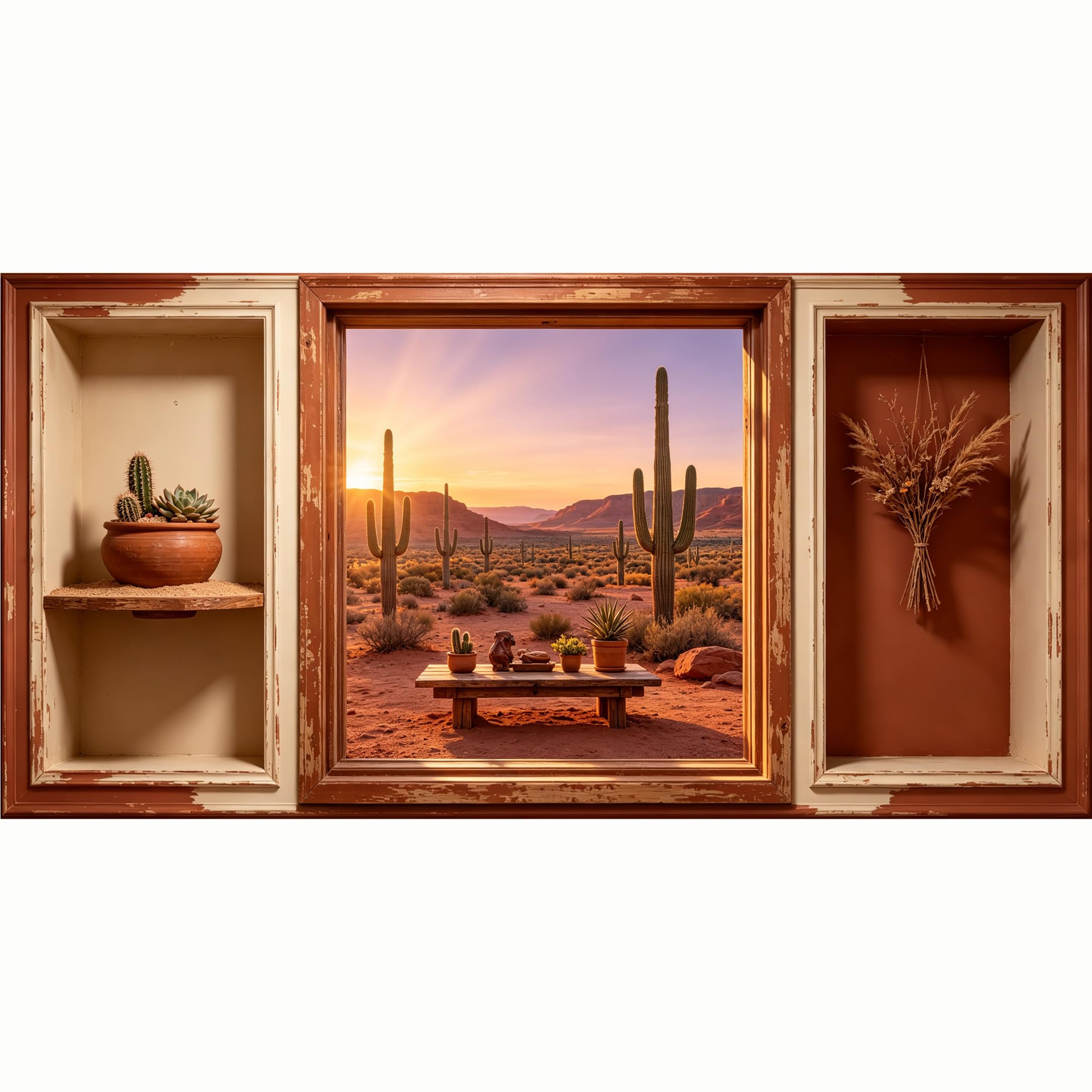 QZLITHOTIC 50x100cm 3D Framed Wall Art， Sunset Desert Landscape Saguaro Cactus Self‑Adhesive Mural， Water‑Activated Peel & Stick Fabric Decor Wall Decal for Bedroom Living Room