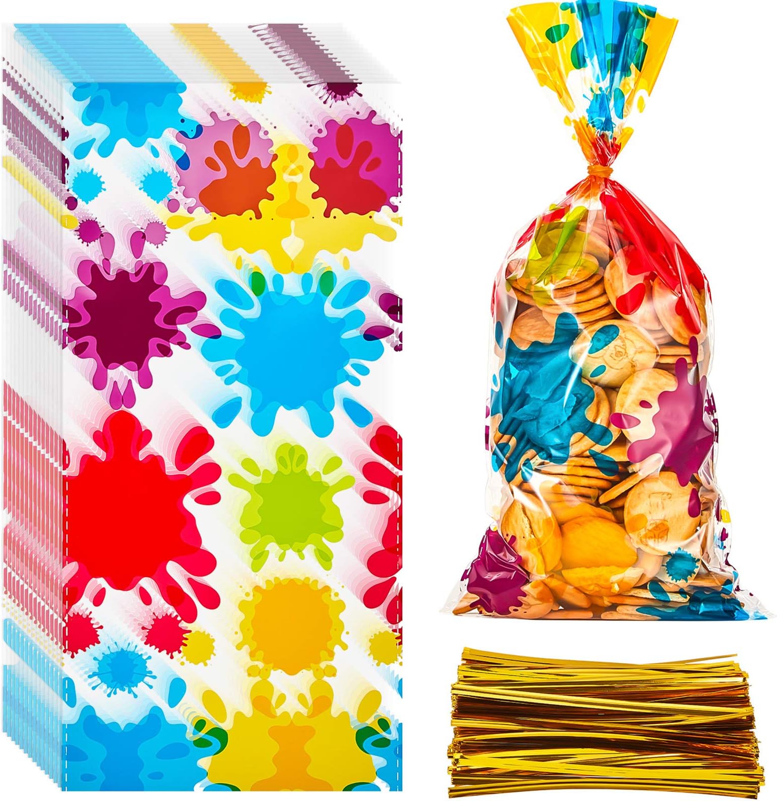 50 Pieces Art Paint Party Favor Bags Colorful Paint Splatter Plastic Goodie Treat Bags Cellophane Opp Candy Gift Bag with Ties for Birthday Baby Shower Party Supplies Decorations 10.6 x 5.1 Inch