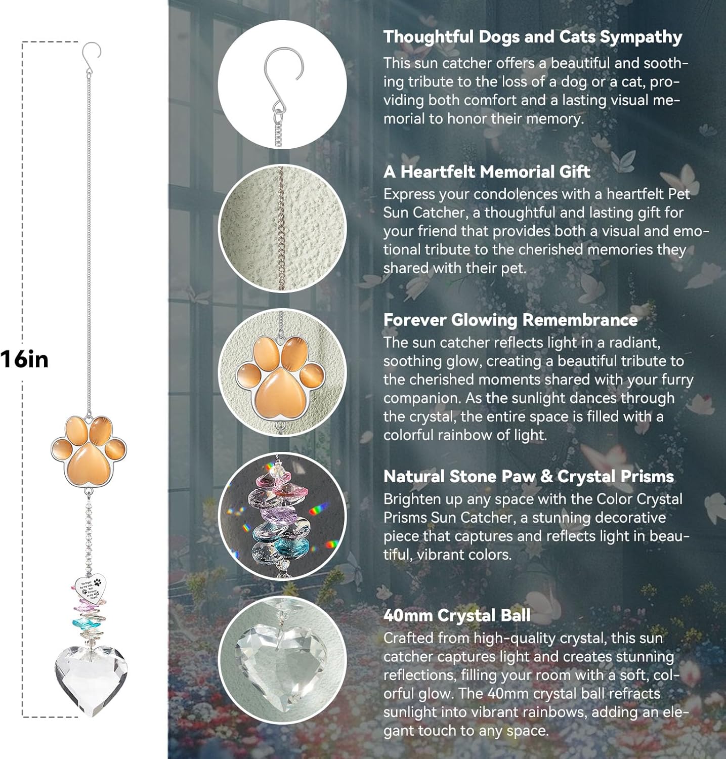 Pet Memorial Suncatcher - Dog Memorial Gifts, Pet Loss Sympathy, Thoughtful Dogs and Cats Bereavement Remembrance Gifts, Natural Cat's Eye Paw Crystal Suncatcher(Orange Red) - Image 6