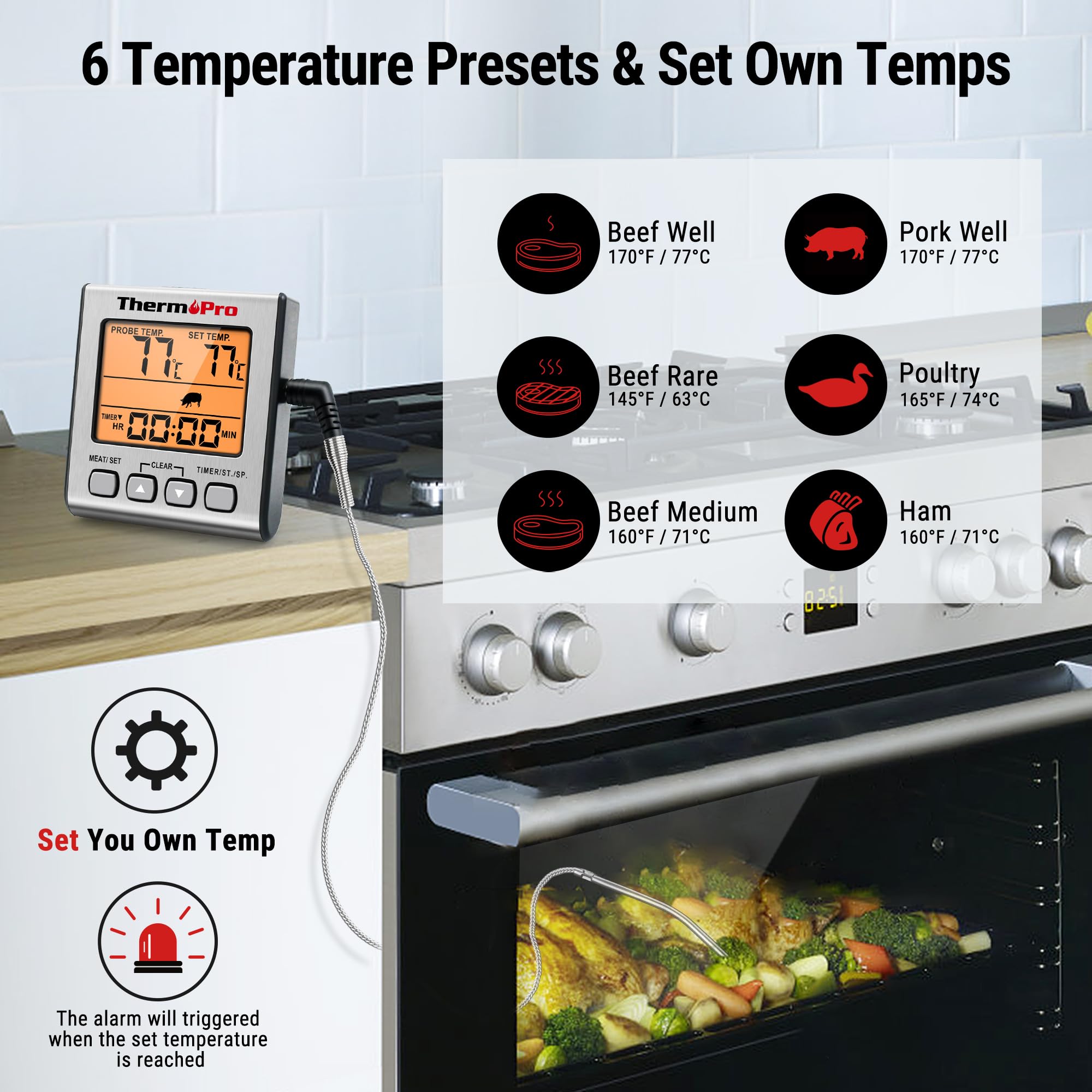 ThermoPro TP16S Termometro digitale per carne, ottimo per grigliare e barbecue, con modalità timer intelligente e retroilluminazione