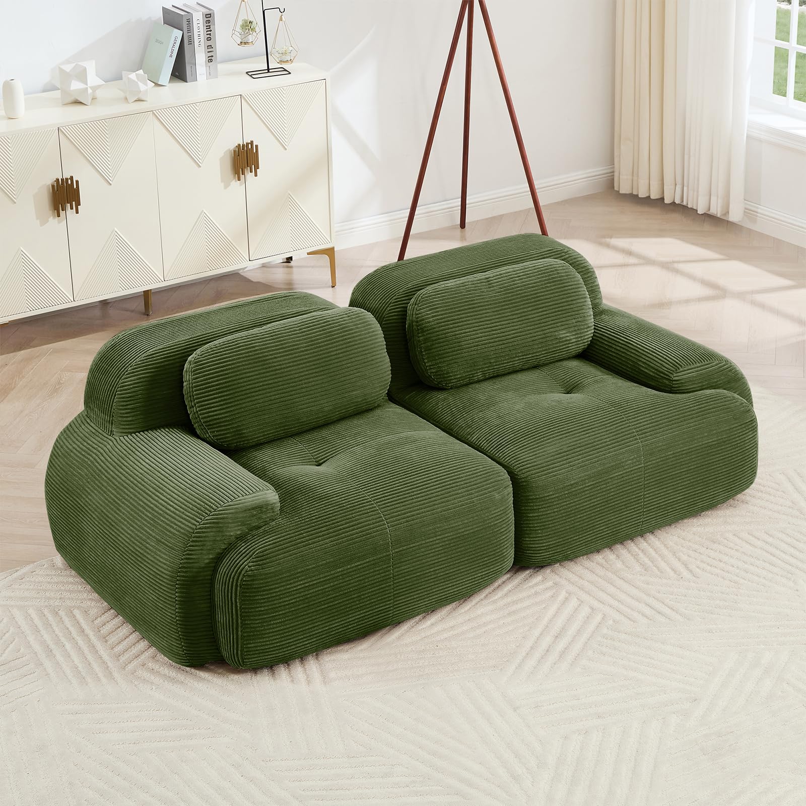 80" Modern Corduroy Boneless Love Seat Couches, 2 Seater Large Sectional Couches for Living Room, Green Cloud Modular Sectional Sofa, Memory Foam,