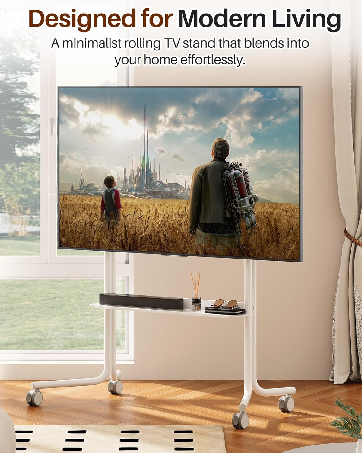 Mobile TV Cart Easel Rolling TV Stand with Soundbar Shelf for 32 to 75 Inch Screens, Modern Floor TV Mount with 360° Wheels, Portable Floor TVs Stand Hold Up to 110 Lbs Max VESA 600x600 (White)