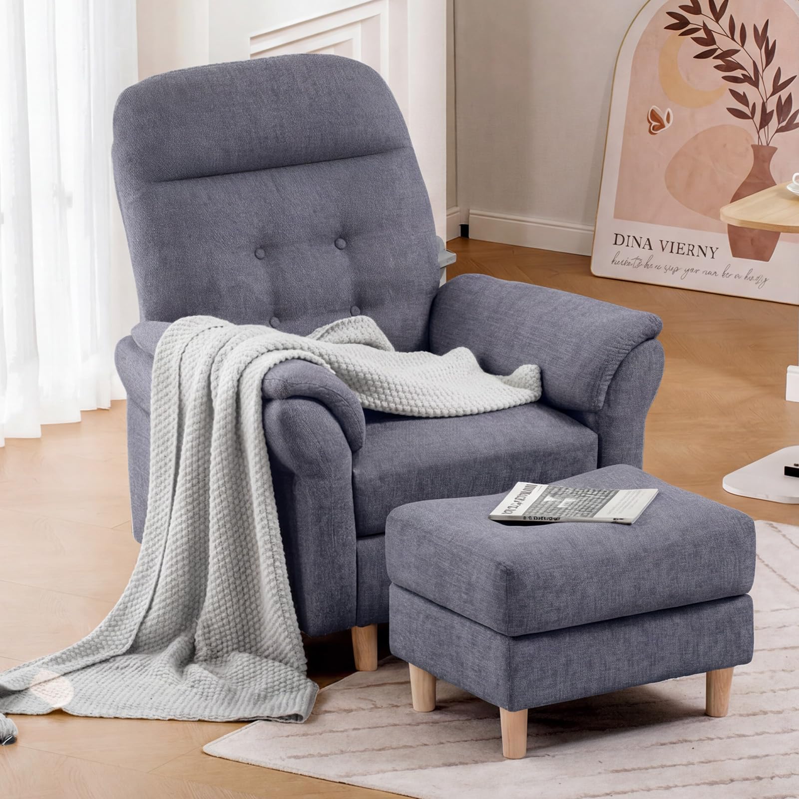 COMHOMA Relaxsessel Fernsehsessel mit Liegefunktion, Liegesessel mit Hocker & 4 Verstellbarer Rückenlehne, Polstersessel Stoff Einzelliegesessel Wohnzimmer Schlafzimmer Heimkino, Chenille, Grau