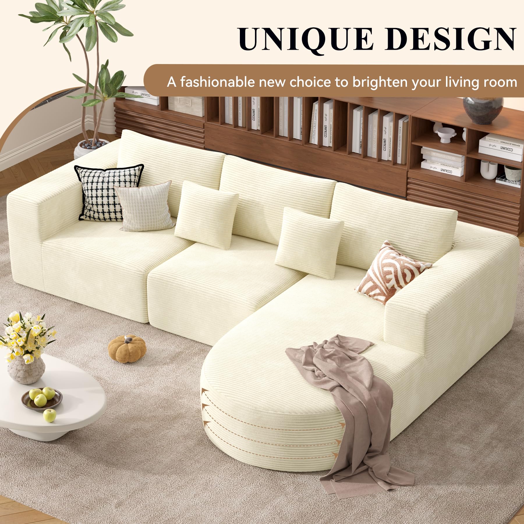 Hawthyhome Sofa mit Schlaffunktion rahmenloses Ecksofa L-Form Couch Installation-Free Cordstoff Ecksofa mit Rechts-Chaiselongue für Wohnzimmer 3 sitzer 264x177x59cm Beige