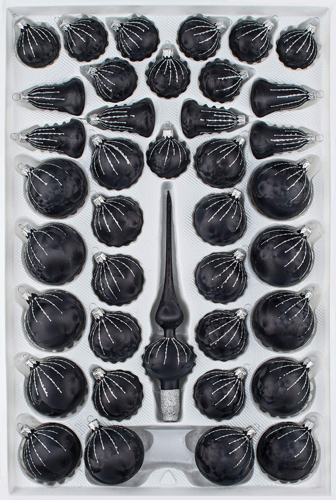 39 TLG. Glas-Weihnachtskugeln Set in 'Ice Schwarz Silber' Regen - Christbaumkugeln - Weihnachtsschmuck-Christbaumschmuck