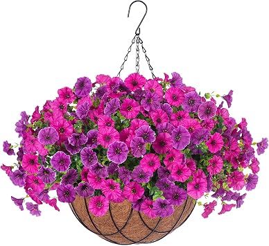 Artificial Fake Hanging Flowers with Basket for Outdoor Decor 12 Pcs UV Resistant Faux Silk Morning Glory Flowers Plants for Outdoor Outside Planters Home Porch Patio Balcony Spring Summer Decor
