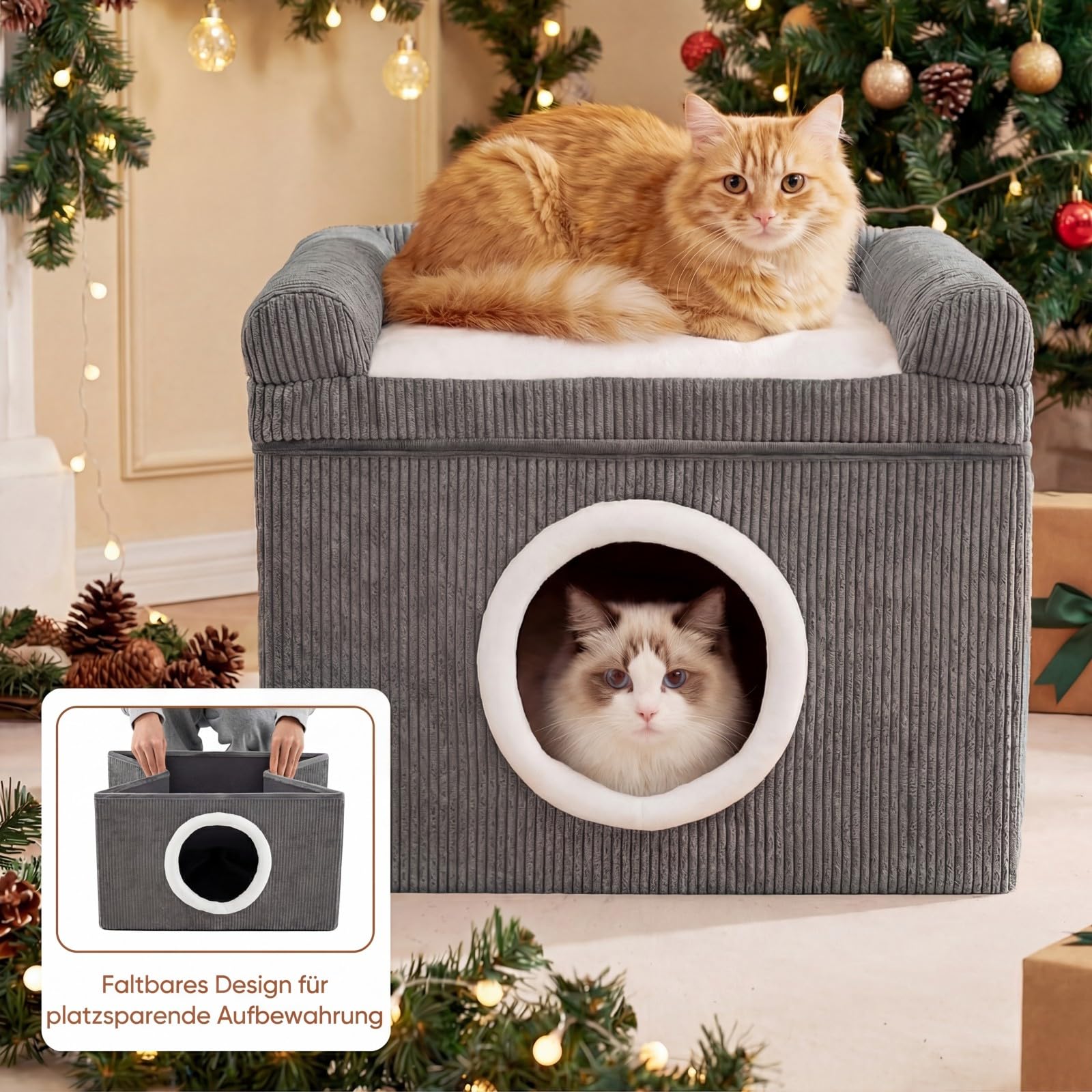 COSTWAY Katzenhaus faltbar, Katzenhöhle mit Sisal-Kratzmatte, weiches Kissen, erhöhten Kanten & Rutschfester Boden, Katzenbett für 2 Katzen, Indoor, bis 15 kg, Cordstoff, 49 x 41 x 39 cm (Grau)