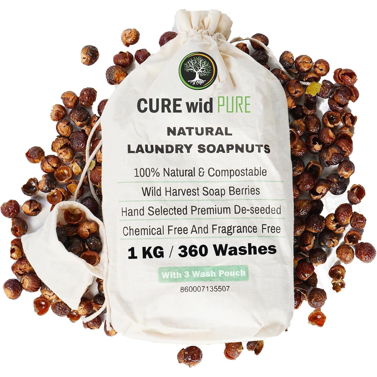 Cure wid Pure Organic Soap Nuts Deseeded 1kg/2.2Lb With 3 Wash Bags 360 Loads,Eco-friendly Soap Nuts Laundry Detergent,Chemical & Fragrance-free Organic Soap Berries Non-toxic Laundry Detergen