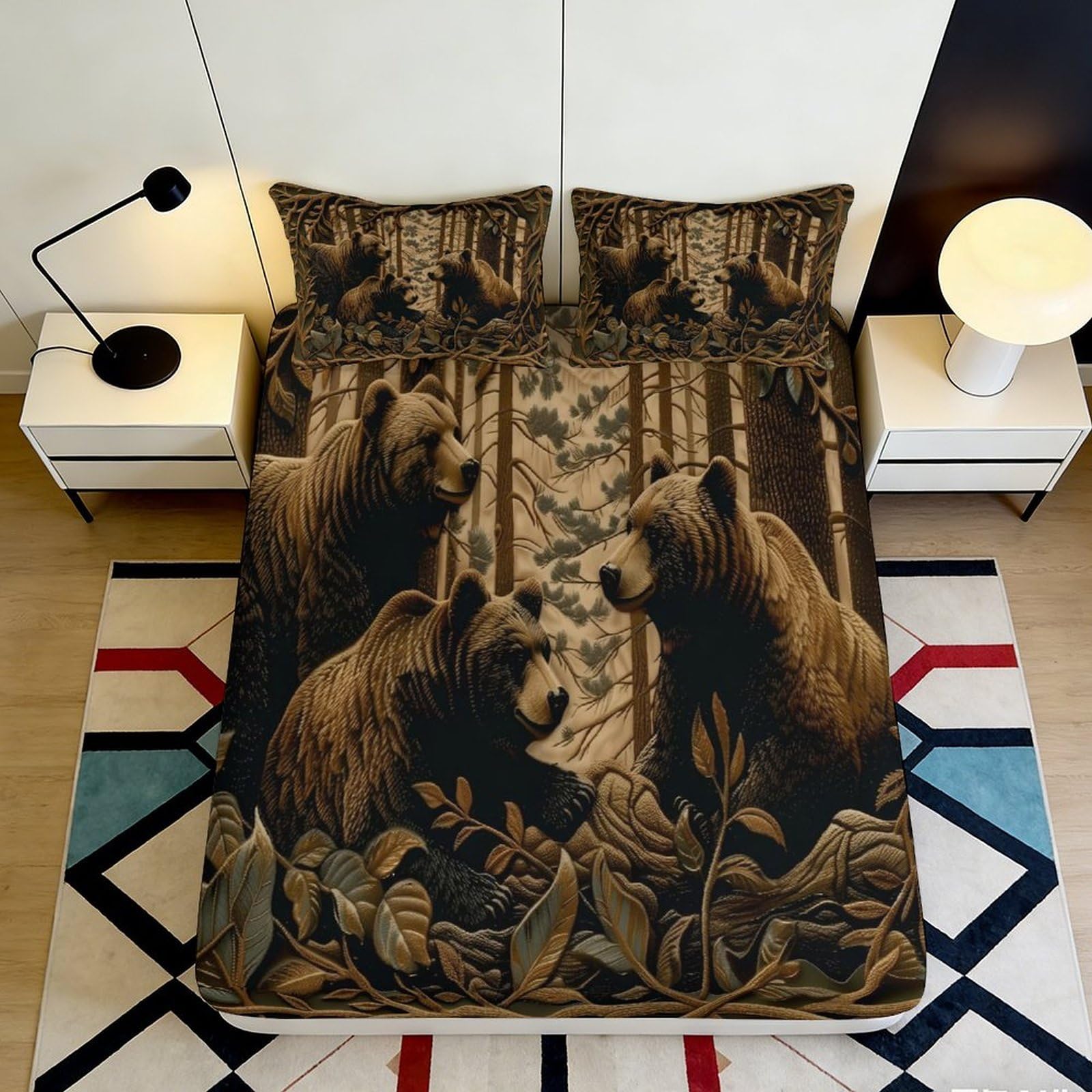 3D Printed Brown Bear Forest Fitted Sheet Microfiber Soft Durable Woodland Animals Bed Cover for Bedroom Dormitory Guest Room Mattress Protection Decor 200x200x25cm