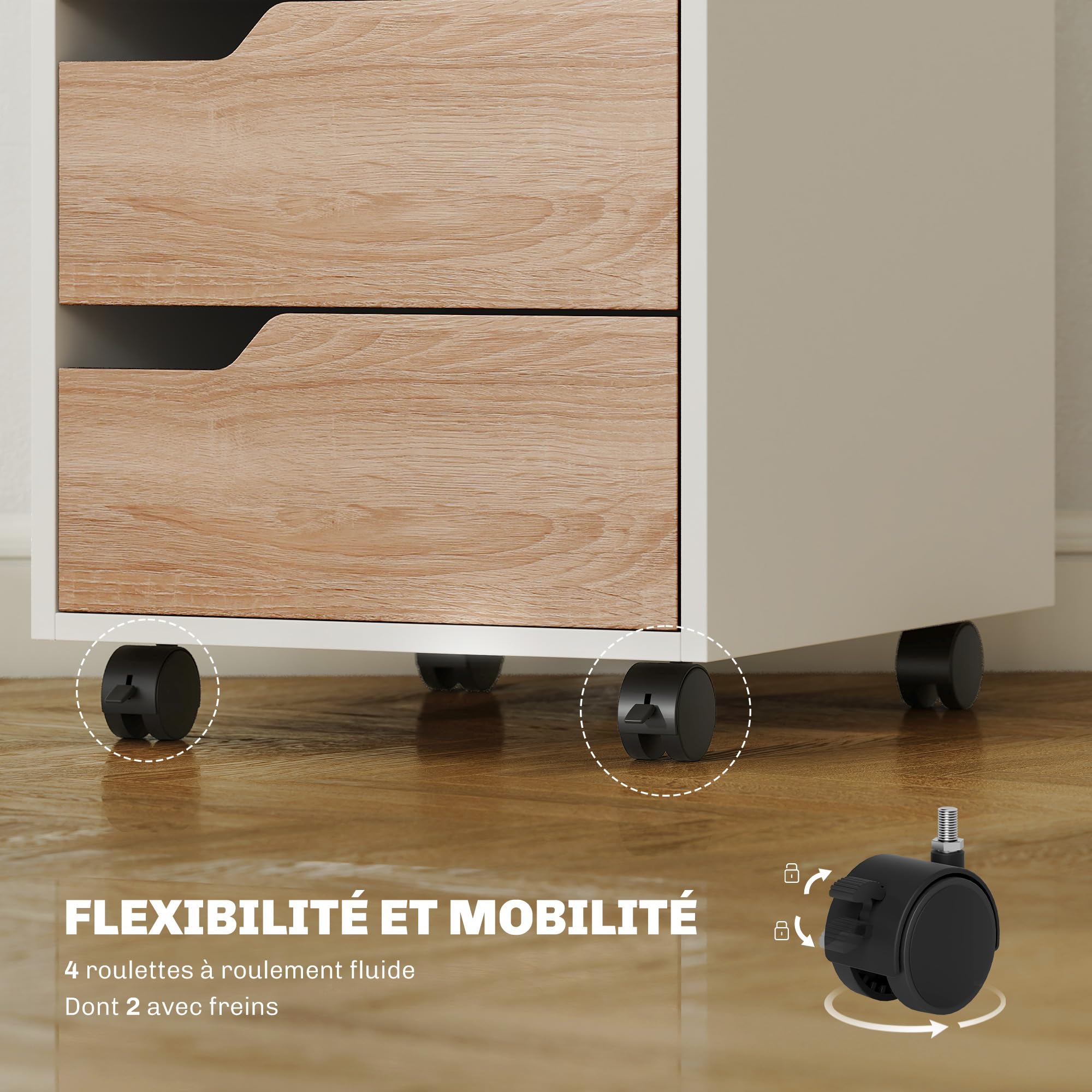 HOMCOM Mobilny schowek na biurko z 3 szufladami, szafka na biurko na kółkach na dokumenty i drukarkę, kompaktowa skrzynka do przechowywania do pracy lub sypialni, 40 x 50 x 57,5 cm, biały i dąb