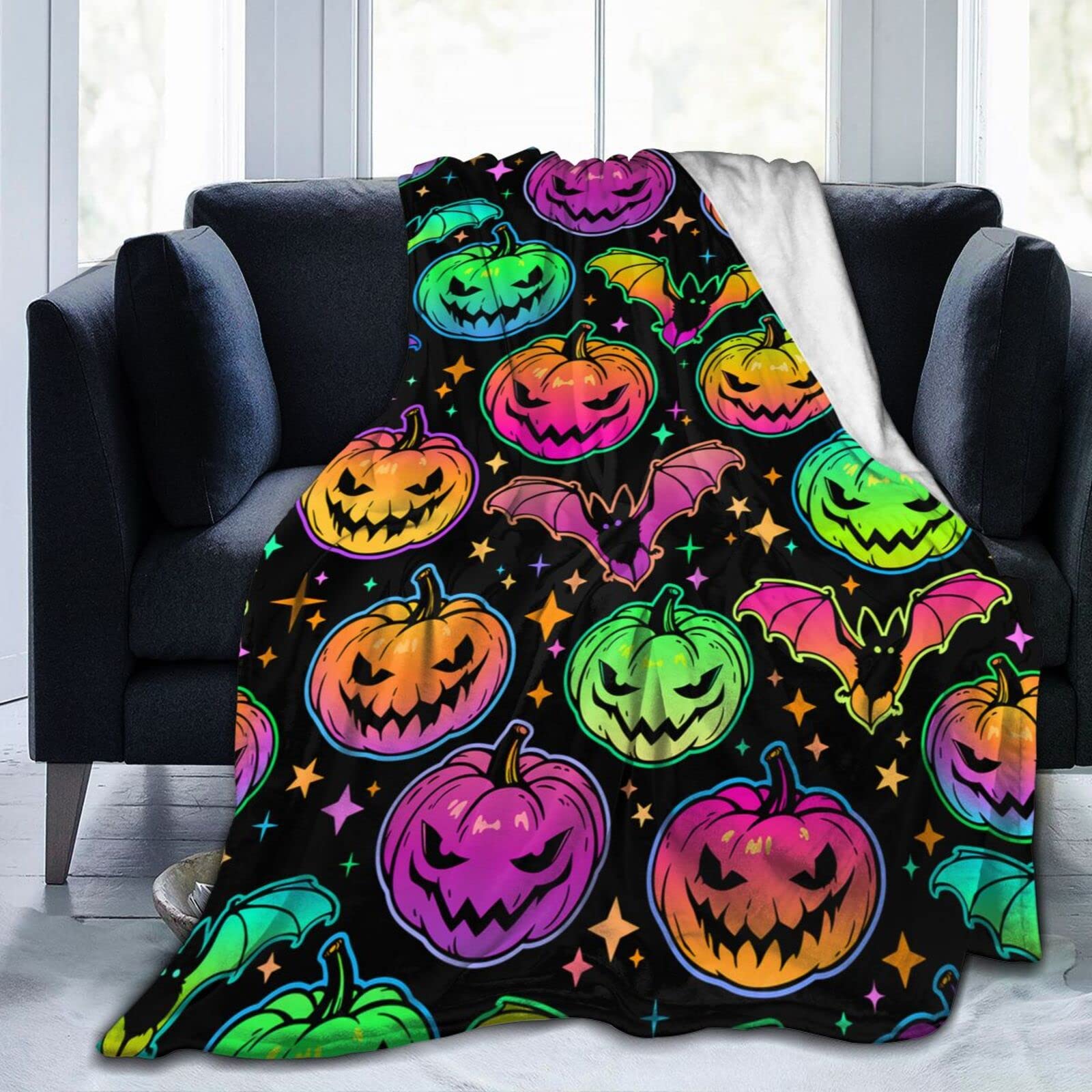 Lsjuee Bright Halloween Pumpkins Bats Throw Blanket Warm Cozy Blankets Lightweight Soft Cozy Flannel Funny Halloween Blanket for Sofa Couch Bed Home Decoration 80"X60"