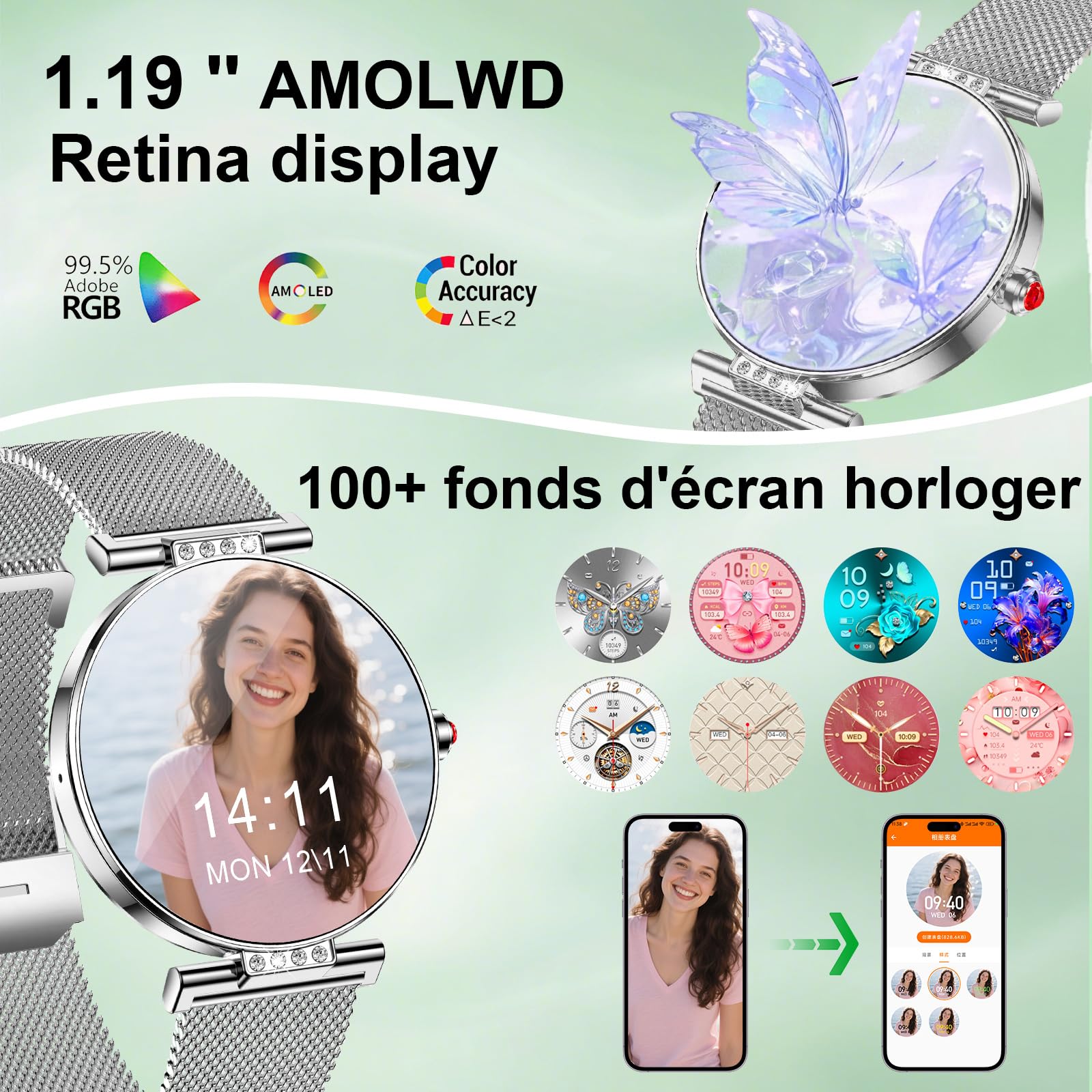 Montre Connectée Pour Femmes Petit Cadran Rond avec Fonction Téléphone Sport Surveillance de la Santé Notifications Par Application Suivi d'activité Bluetooth étanche pour Android IOS (Argenté)