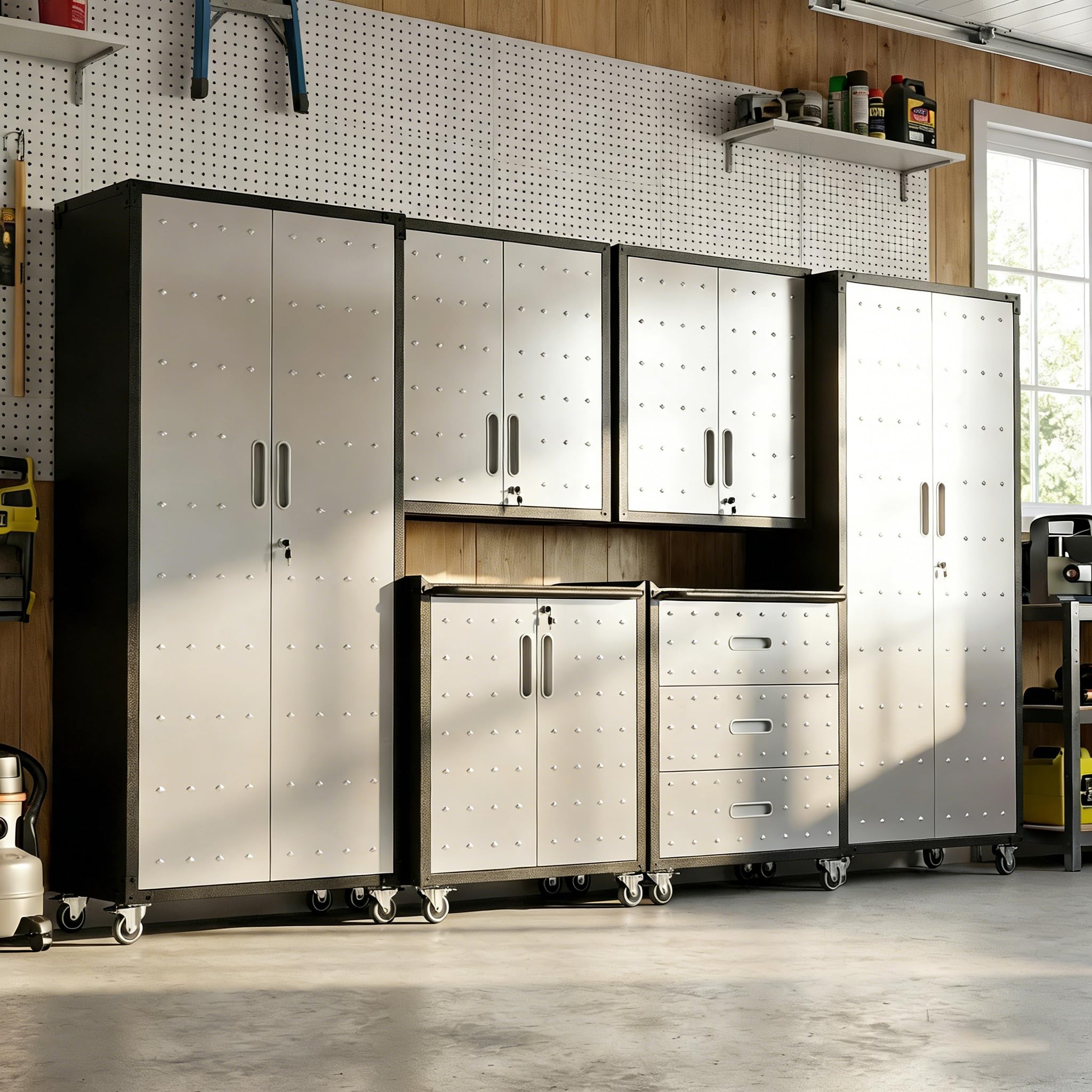 Garage Cabinet System | Heavy Duty Steel All-in-One Modular Garage Cabinet Set for Ultimate Workshop Organization | Easy Assembly Garage Storage Cabinets &amp; Tool Bench