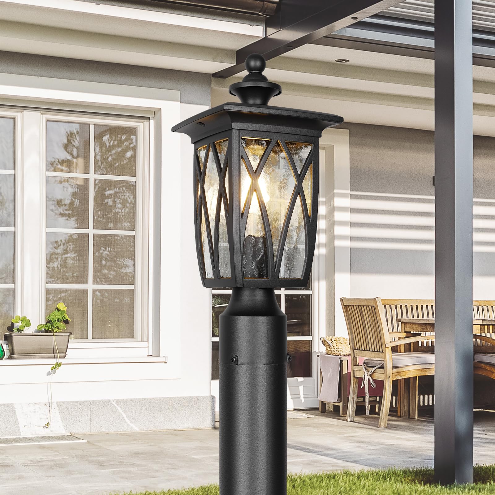 JYZ Zewnętrzne lampy słupkowe oprawa oświetleniowa, 45 cm słup latarnia z podstawą E26 60 W Max i wodoodporna aluminiowa obudowa plus szkło falowane wodą, oświetlenie tarasu ogrodzeniowego do ogrodu