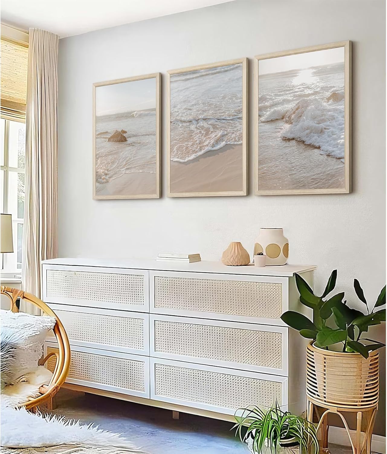 Beach Wall Art Decor Coastal Wall Art Pictures Ocean Canvas Wall Art Beige Beachy Wall Decor Boho Beach Prints Ocean Painting Coastal Artwork for Bedroom Living Room 12x16 Inch Wood Framed Set of 3
