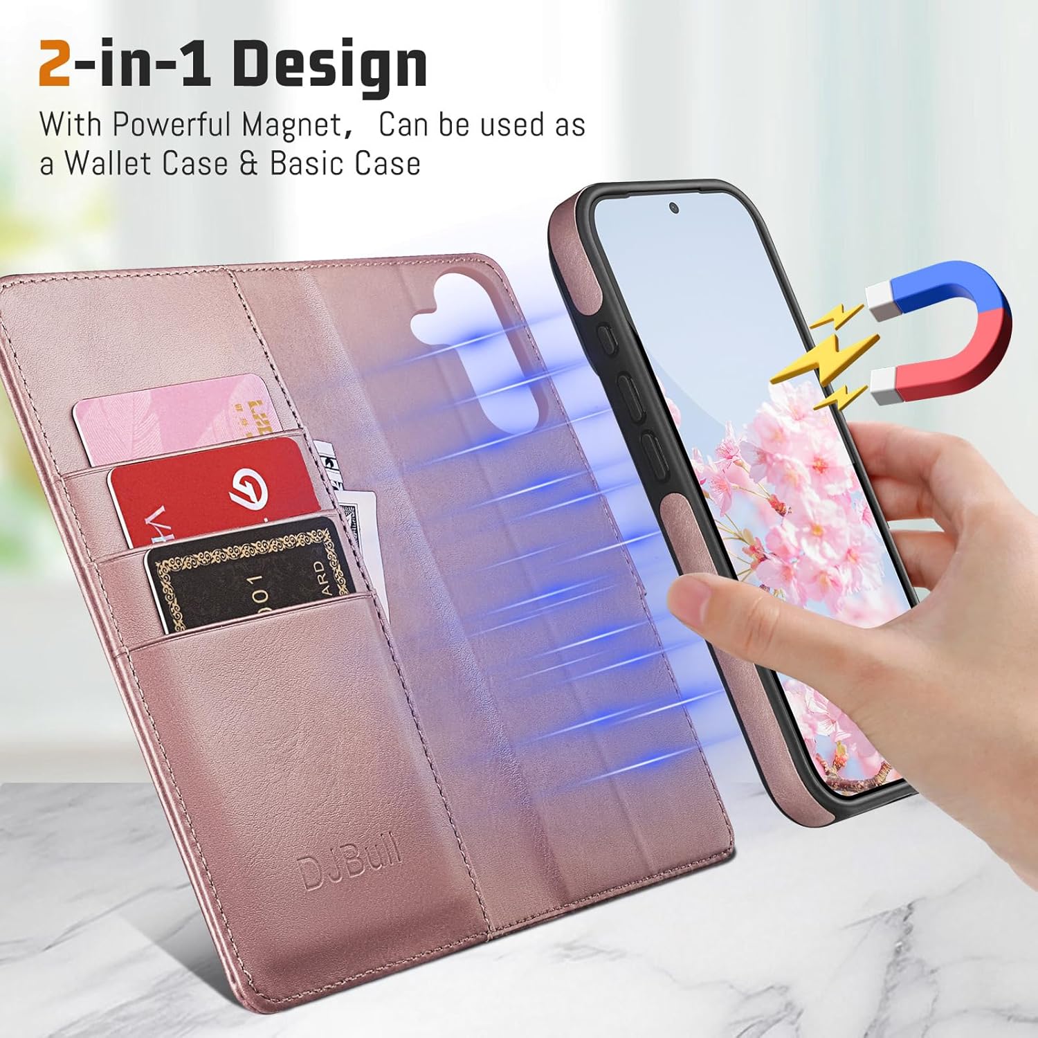 DJBull 2-in-1 Detachable Wallet Case for Samsung Galaxy S25 RFID Blocking Flip Folio with Card Holder | PU Leather Shockproof Protective Cover Women Men for Samsung S25 Phone Case Pink