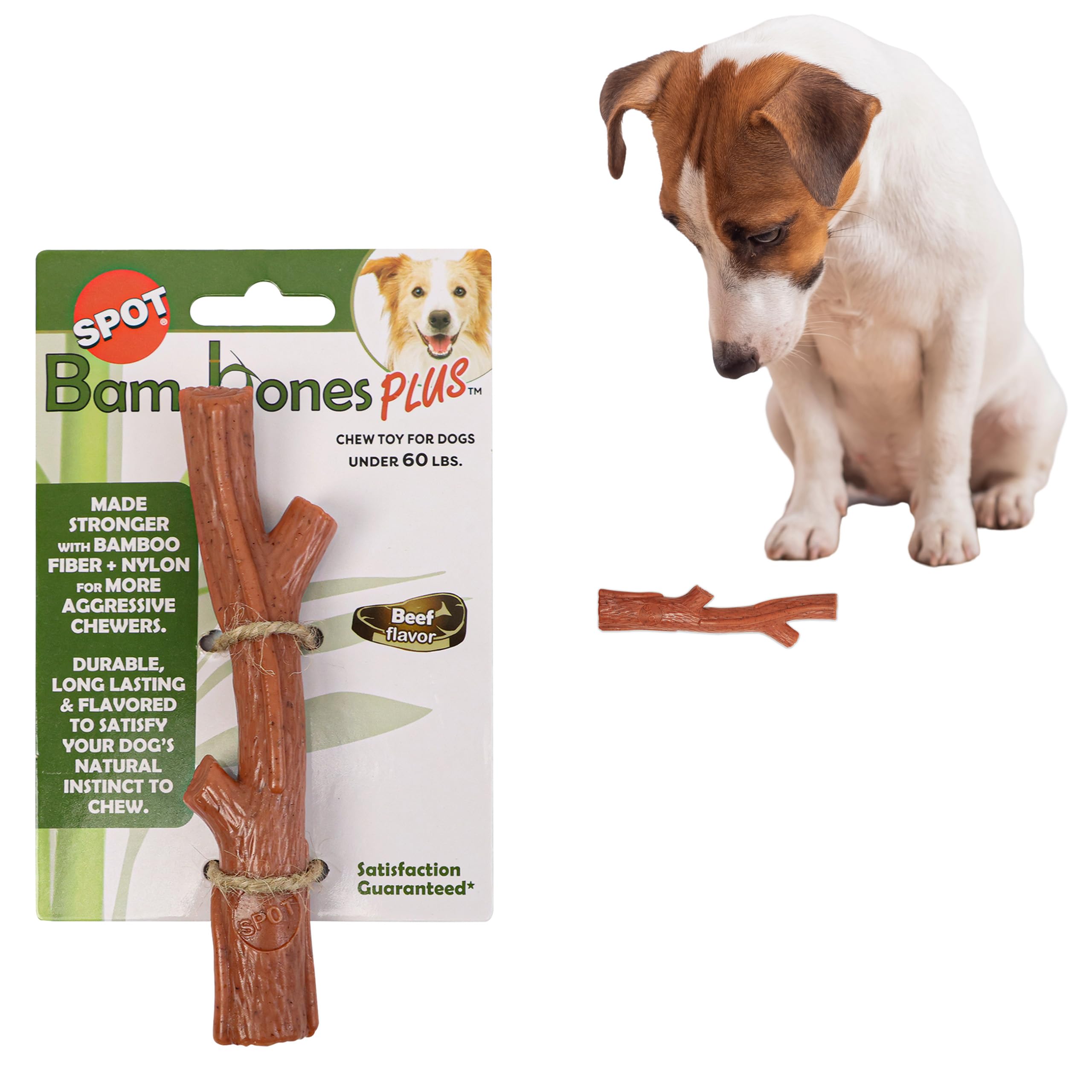 SPOT Bam-Bones Plus Branch -Bamboo Fiber & Nylon, Durable Long Lasting Dog Chew for Aggressive Chewers – Great Toy for Adult Dogs & Teething Puppies Under 60lbs, Non-Splintering, 5.75in, Beef Flavor