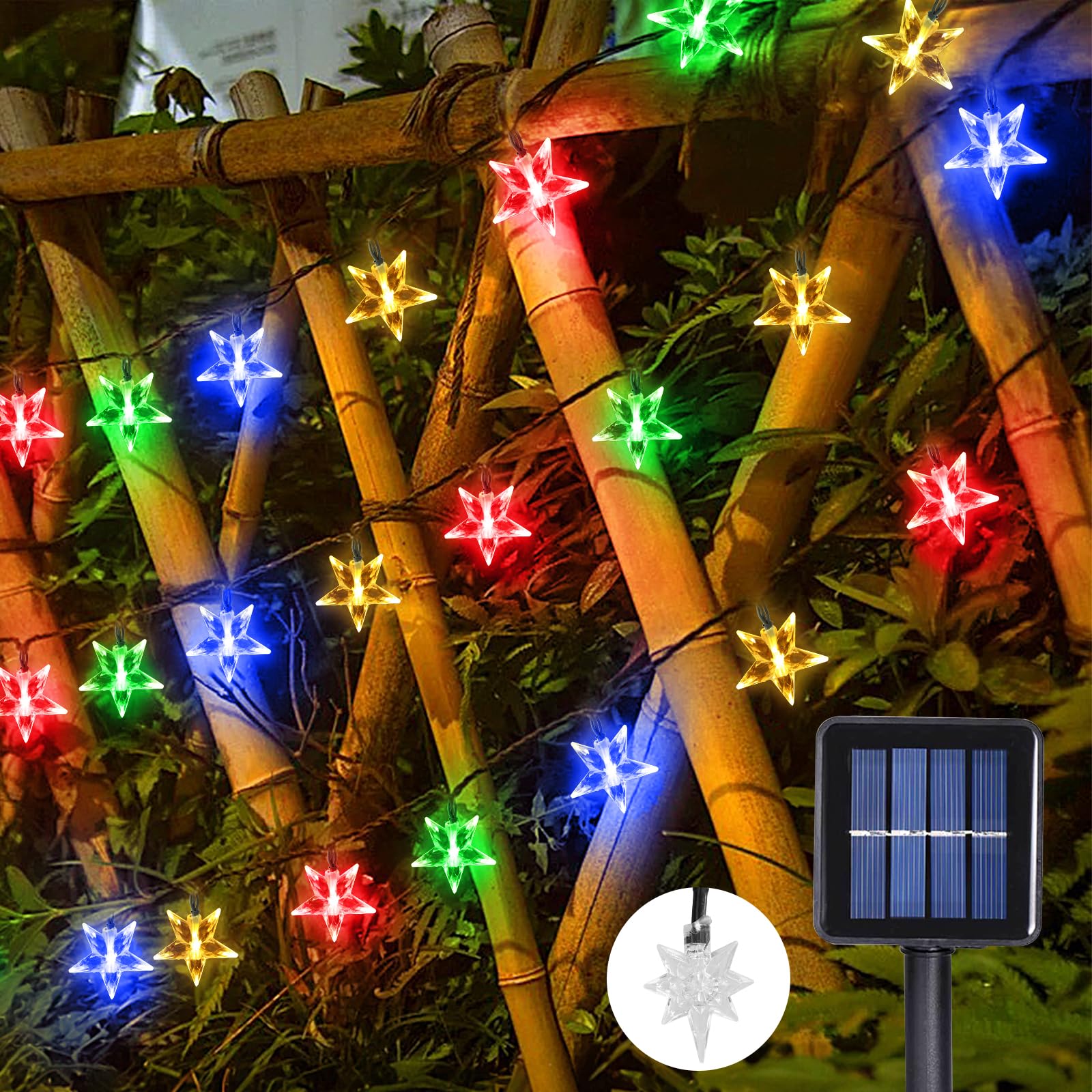 Guirnalda de Luces Estrella Solares, 39.3 FT 100 LEDS Cuerda de Luz de Navidad, Cadena de Luces Estrellas con 8 Modos, Impermeable Solar Cadena Luces para Navidad Patio Decoracion