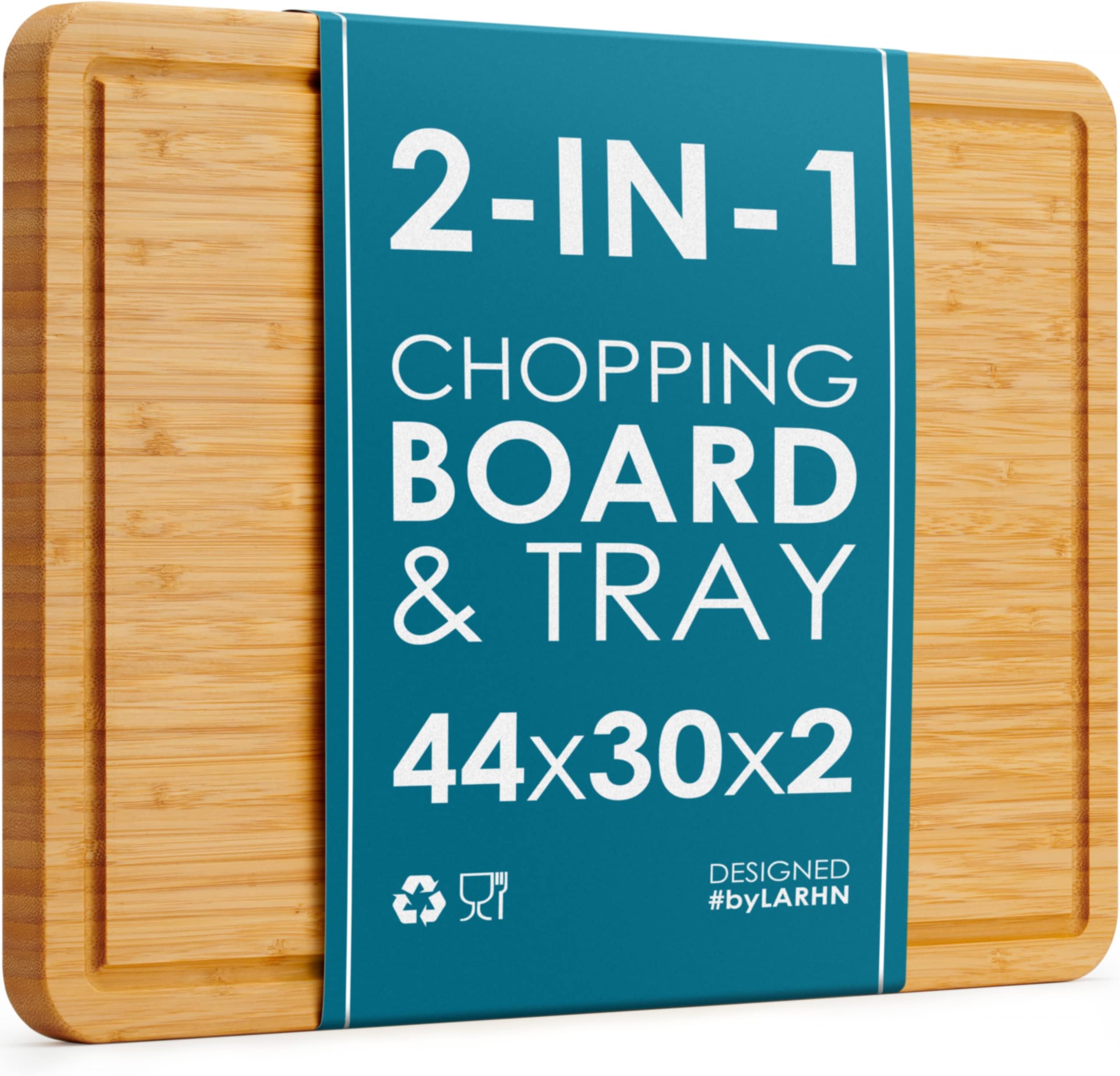 Premium Organic 2-in-1 Extra-Large Wooden Chopping Board & Serving Tray – 44x30x2cm – Multi-Purpose Bamboo Cutting Board with Juice Groove for Carving Meat, Vegetables, Cheese and Bread – by LARHN