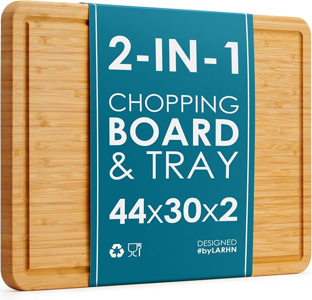 LARHN Premium Organic 2-in-1 Extra-Large Wooden Chopping Board & Serving Tray  44x30x2cm  Multi-Purpose Bamboo Cutting Board with Juice Groove for Carving Meat, Vegetables, Cheese and Bread