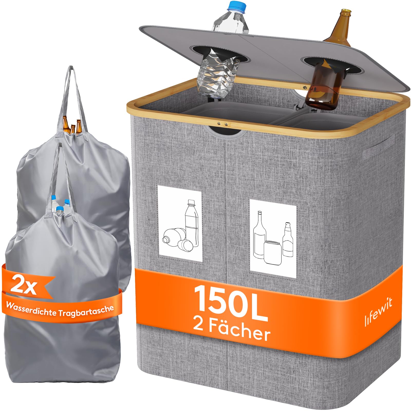 Lifewit 150L Pfandflaschen Sammelbehälter mit 2 Fächern, Hellgrau