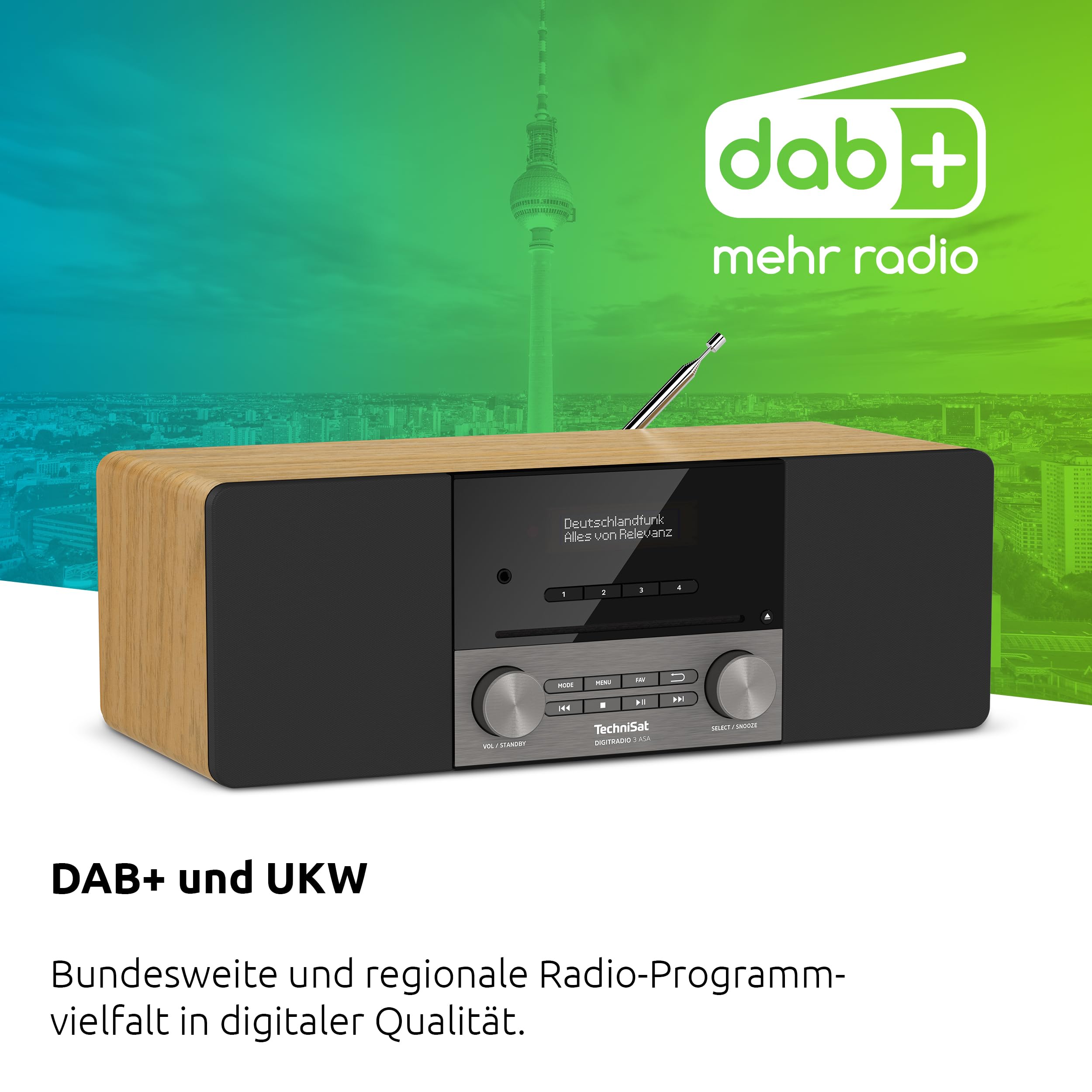 TechniSat DIGITRADIO 3 ASA – Stereo DAB+ Kompaktanlage mit Automatic Safety Alert (UKW, CD‑Player mit Resume, Bluetooth, USB, AUX-In, Kopfhöreranschluss, OLED‑Display, Radiowecker, 20  W RMS) Eiche