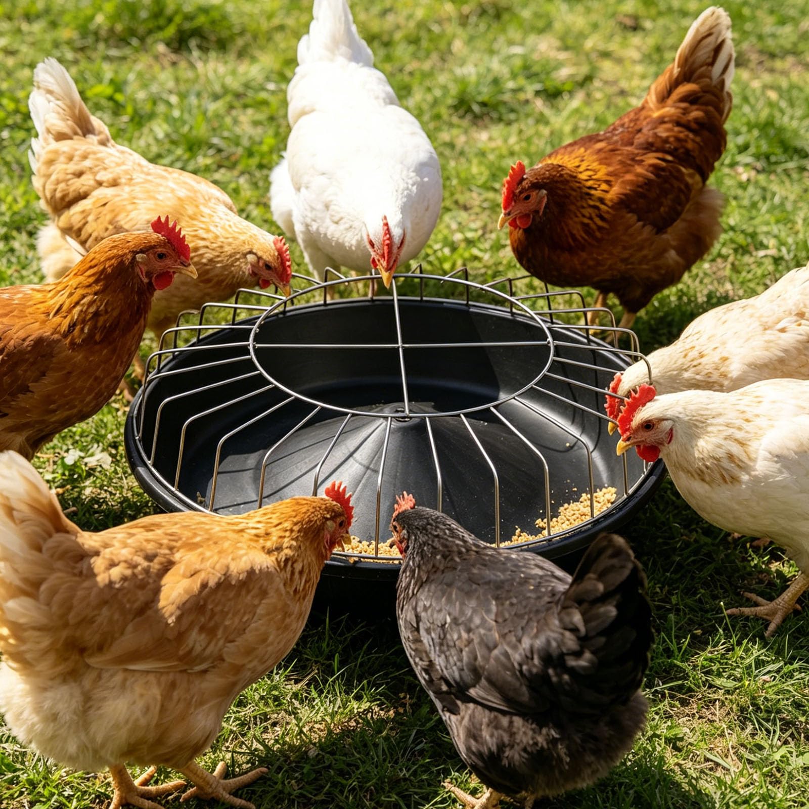Alimentatore con sistemi automatici che alimentano il vassoio della mangiatoia per piccole aziende agricole e cortili Stazione di alimentazione domestica Soluzione di pollame
