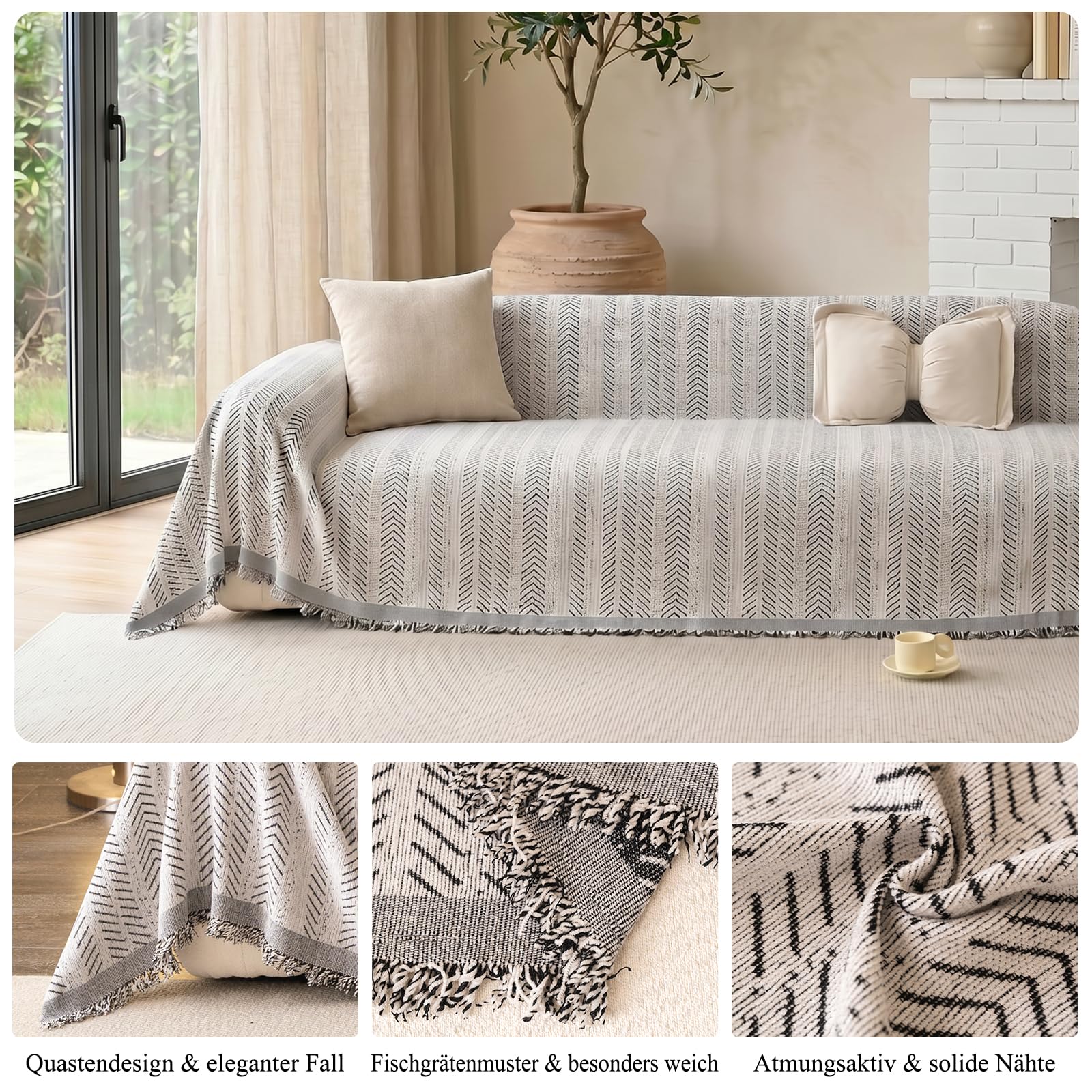 Homcomodar Copridivano a 3 posti, in ciniglia a spina di pesce, con nappe, a forma di L, impermeabile, lavabile, protezione dai graffi, per cani, gatti e bambini, nero, 180 x 340 cm