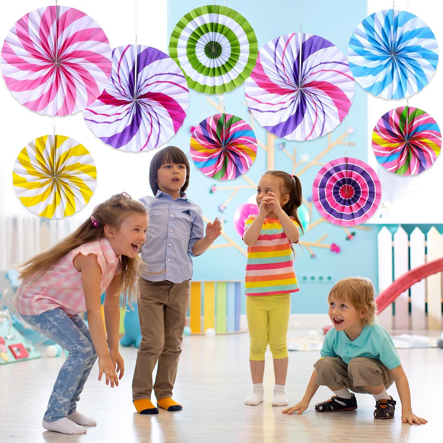 Outus Hanging Paper Fans Decorations Candy Party Classroom Decoration Colorful Peppermint Candy Paper Fan Ceiling Wall Garland for Candyland Themed Birthday Party Supplies(27 Pcs,Classic)