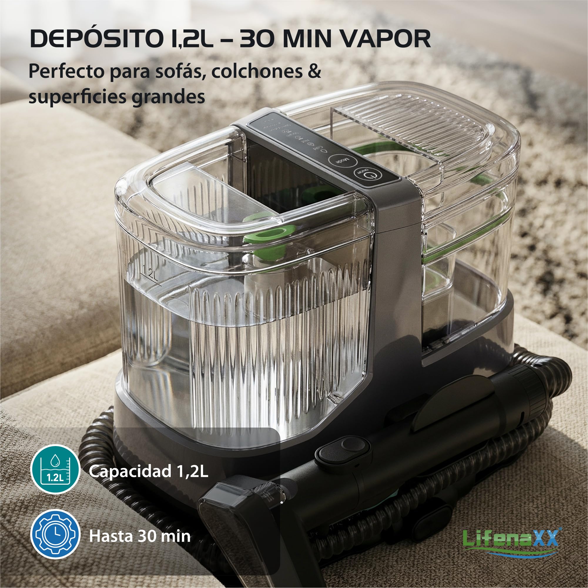 Lifenaxx Limpiador de Vapor para Tejidos 1800W Pro LX-069 | Sistema de Limpieza a Vapor con Potente Succión | Limpieza Profunda para Tapicerías, Colchones y Alfombras | Doble Depósito, 8 Accesorios