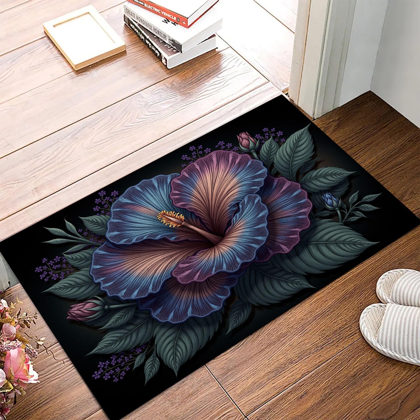 Paillasson bienvenu d'entrée fleurs d'hibiscus bleu