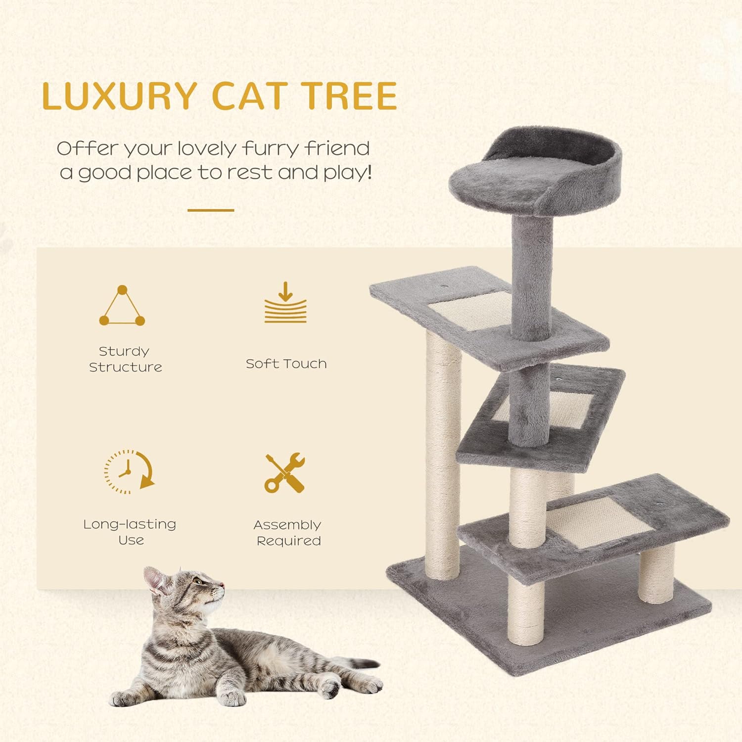 Gray 5-Level Sisal Cat Tree with Plush Perches
