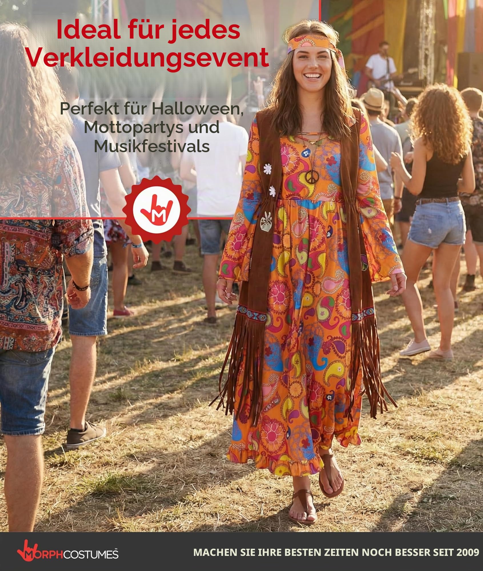 Morph Hippie Kostüm Damen, 70er Jahre Outfit Damen, 70er Jahre Bekleidung, Hippie Kleid, Schlagermove Outfit Frauen, Karneval Kostum Frauen, Fasching