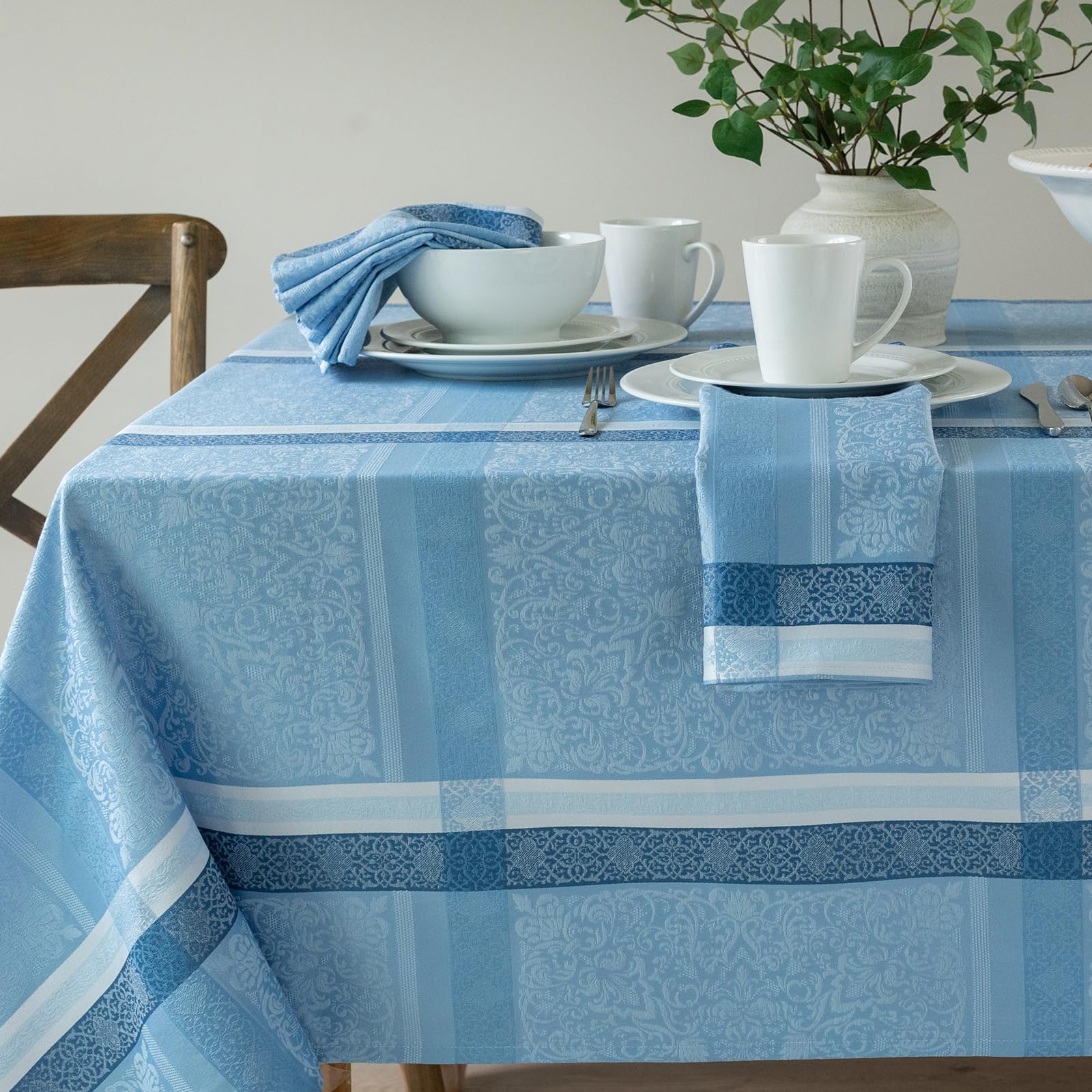 Benson Mills Ravenna Yarn Dyed Jacquard Heavyweight Fabric Table Cloth, Everyday, Parties, Weddings and Holiday Tablecloth (60" x 84" Rectangular, Blue)