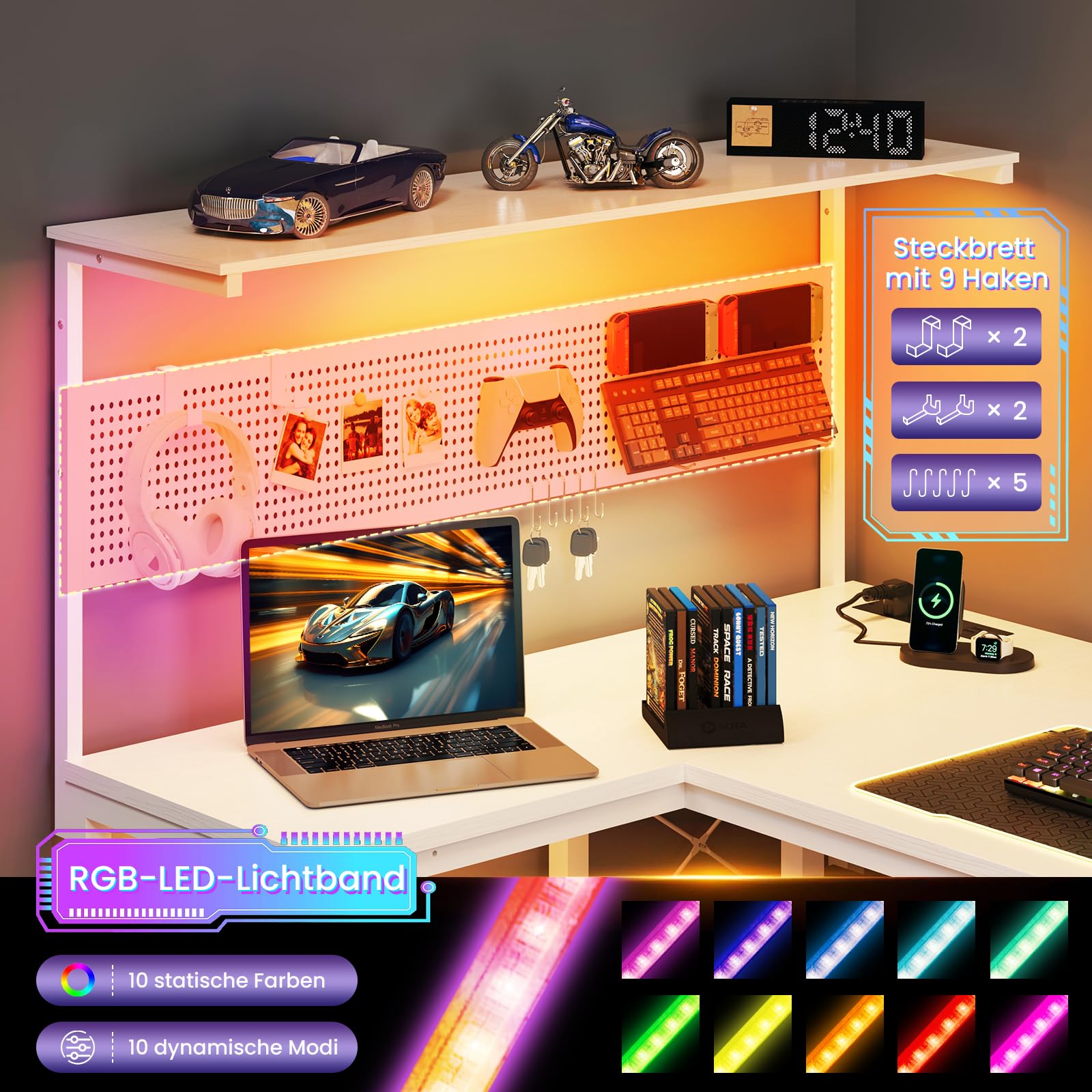 YOUDENOVA Scrivania Gaming a Forma di L, Tavolo Gaming con LED, Presa e USB, Scrivania ad Angolo Reversibile con Ripiano, 120x80cm Tavolo Computer con Portaoggetti per Home Office e Gamer, Bianco
