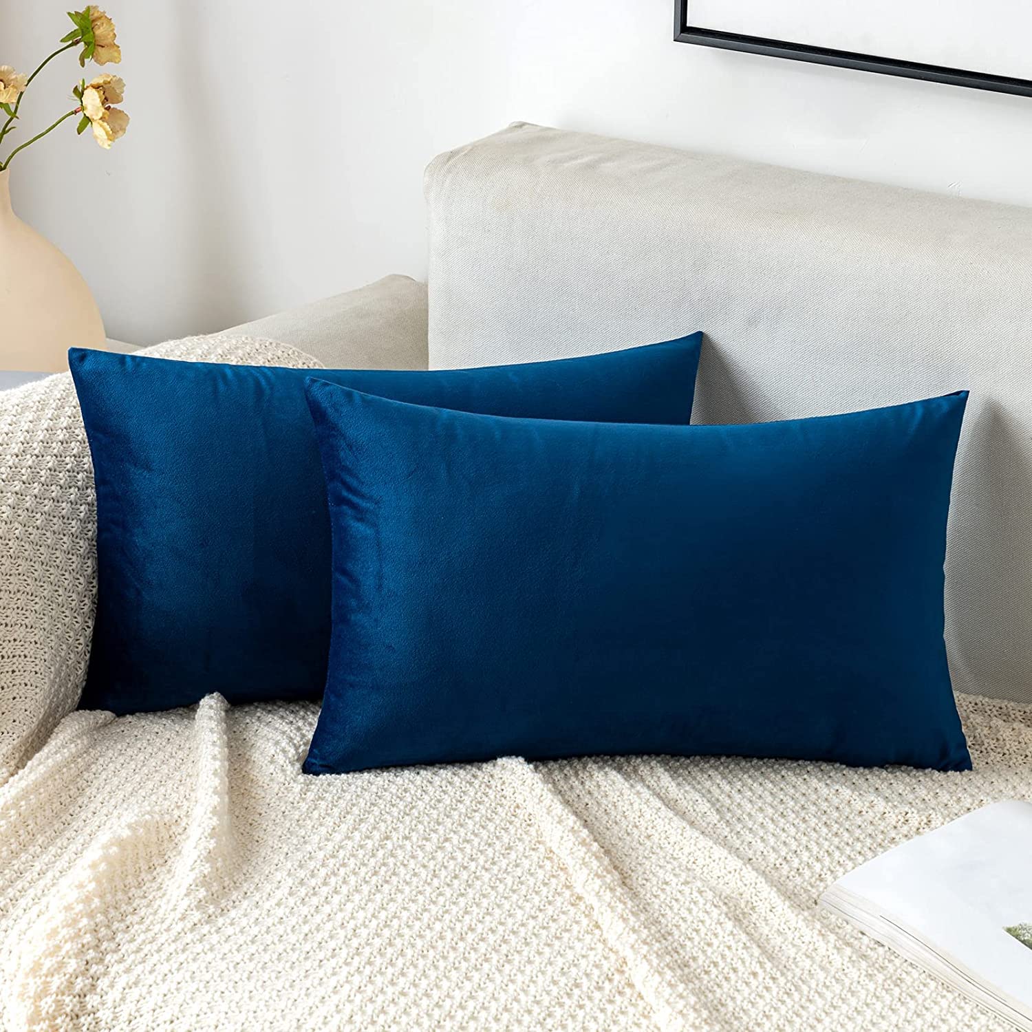 Pack of 2, Velvet Soft Solid Decorative Rectangular Throw Pillow Covers Set Cushion Case for Sofa Bedroom Car 12 x 18 Inch (Dark Blue)-picture-18