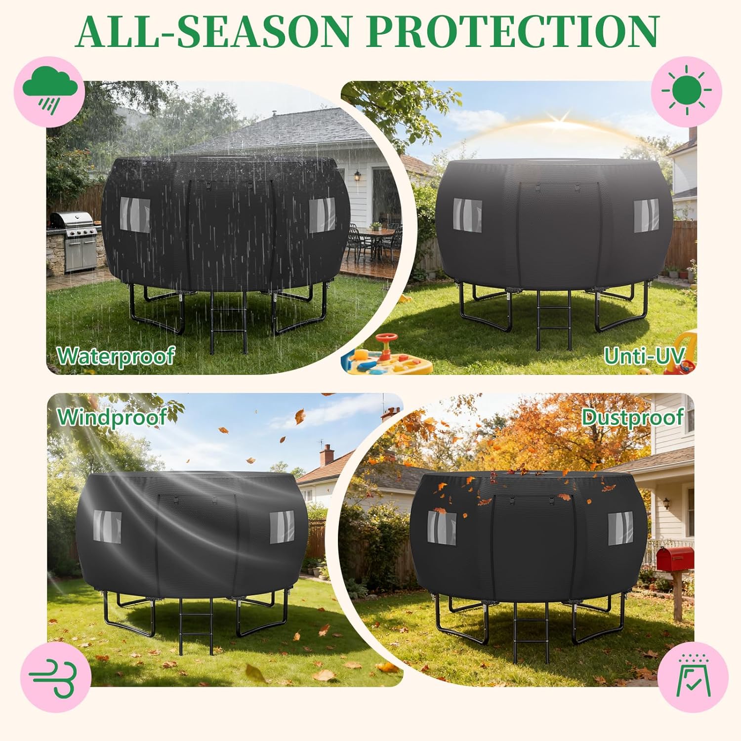 STARTWO 14FT Outdoor Trampoline Cover/Tent, Fit for 8 Curved Poles Round Trampoline, Waterproof UV-Resistant Windproof, Easy to Install, Black(Cover Only)