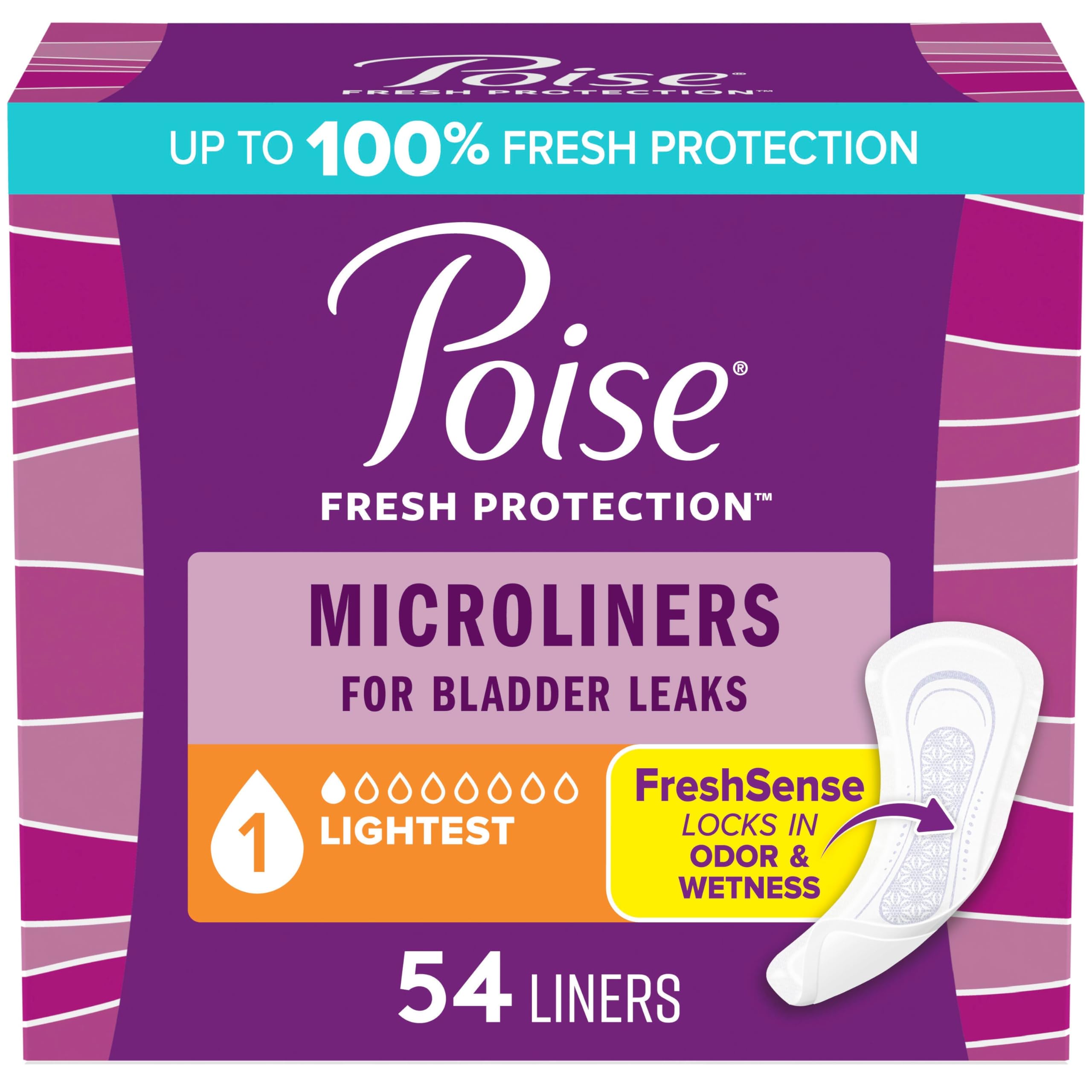 Poise Daily Microliners, Incontinence Panty Liners, 1 Drop Lightest Absorbency, Regular, 54 Count of Pantiliners