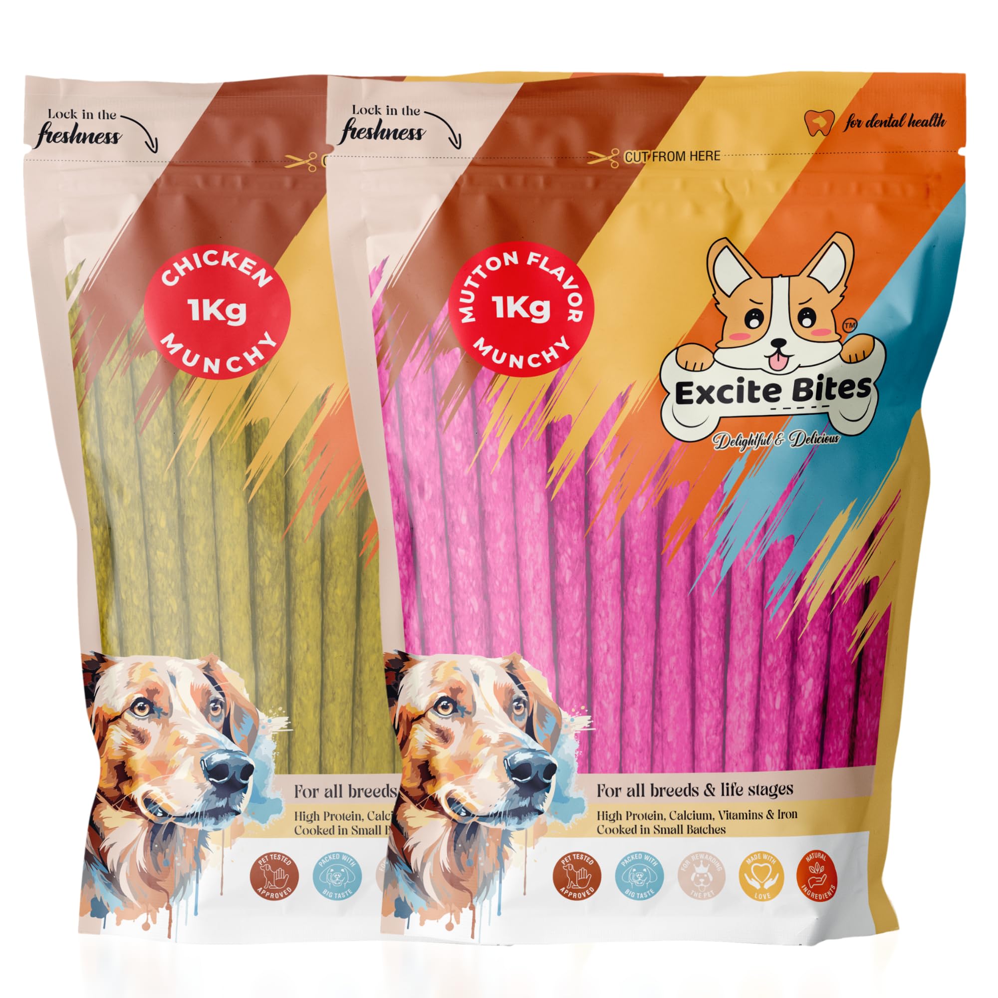 Combo Munchy Sticks for Dogs | Chicken & Mutton Protein Chew | Essentials Treats for Adult & Puppies | Dental Chews | 1Kg Each (Pack of 2)