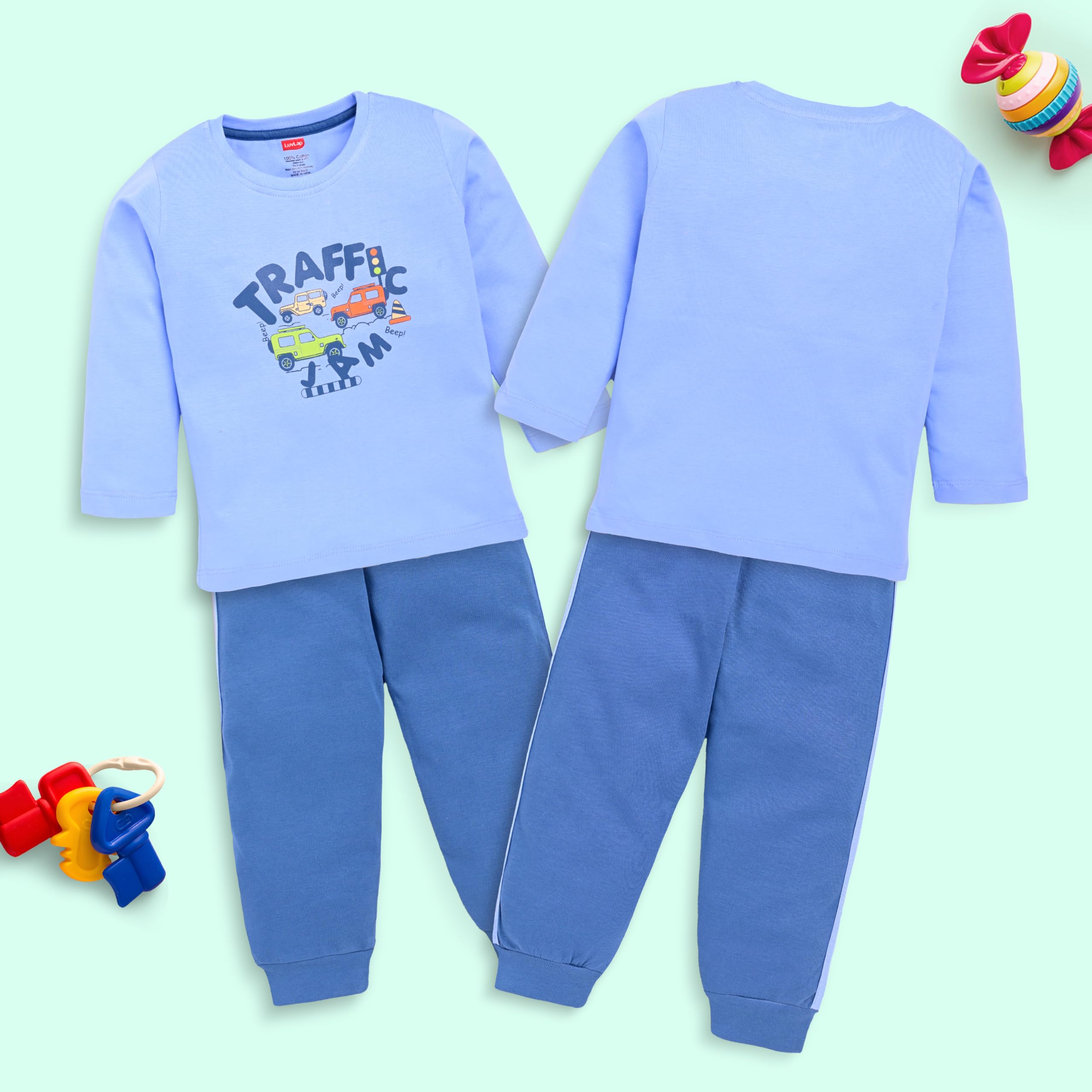 LuvLap Baby Boys 100% Cotton Full Sleeve Boys T-Shirt & Pyjama Sets, Pack Of 03 Powder Blue, White, Saffron 3 to 6 months - Image 3 thumbnail