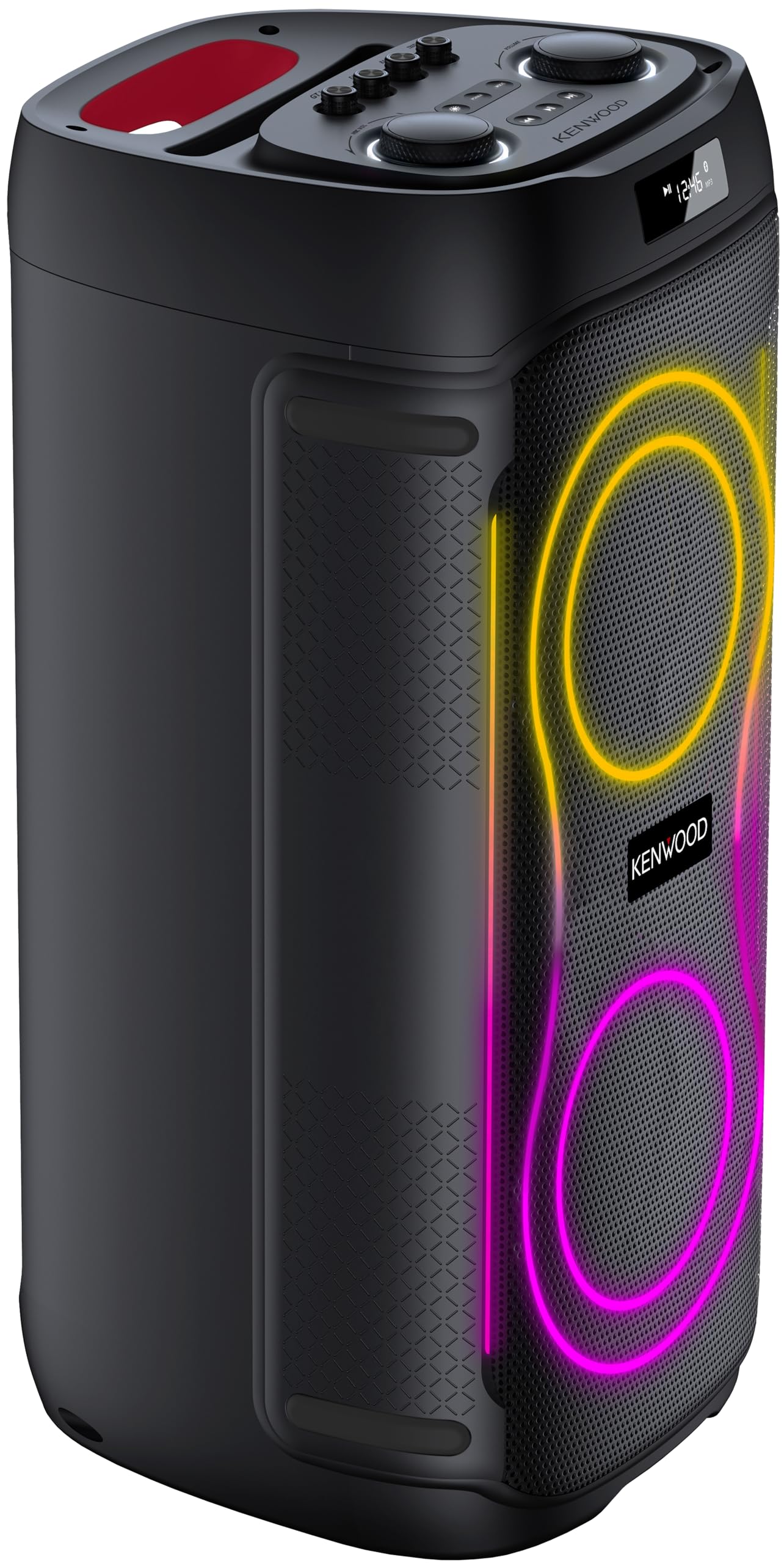 Kenwood AS-P400BT Altavoz Party 100 W RMS, Bluetooth 5.3, DSP, TWS estéreo, USB/TF/AUX, Entrada de micrófono y Guitarra, Luces LED, Controles Bajos/Agudos, batería hasta 8h – Negro