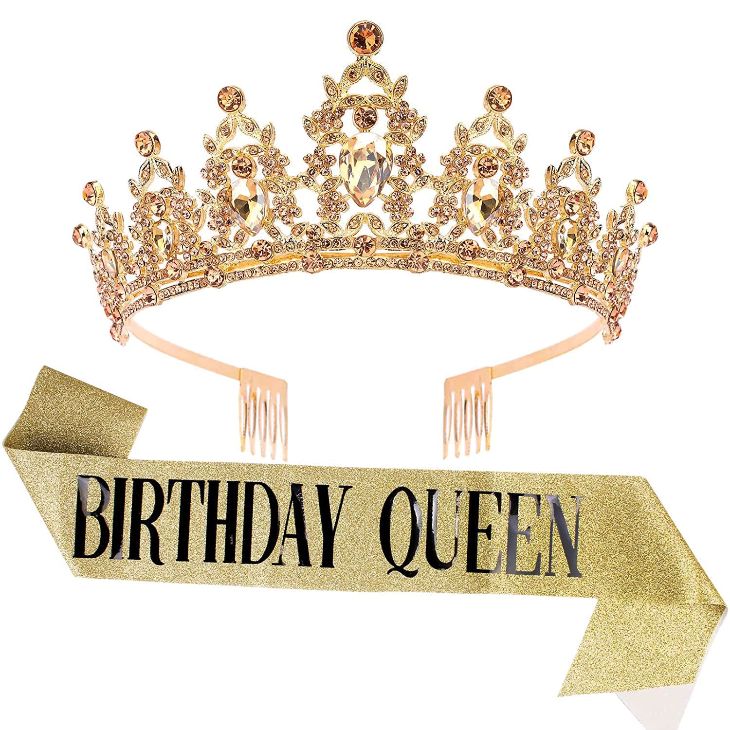 "BIRTHDAY QUEEN" Sash and Tiara for Women Crystal Tiara and Satin Kit for Girl Rhinestones Crown with Comb Glitter Hair Accessories for Prom Party Decoration Cake Topper Accessory Set with Pins