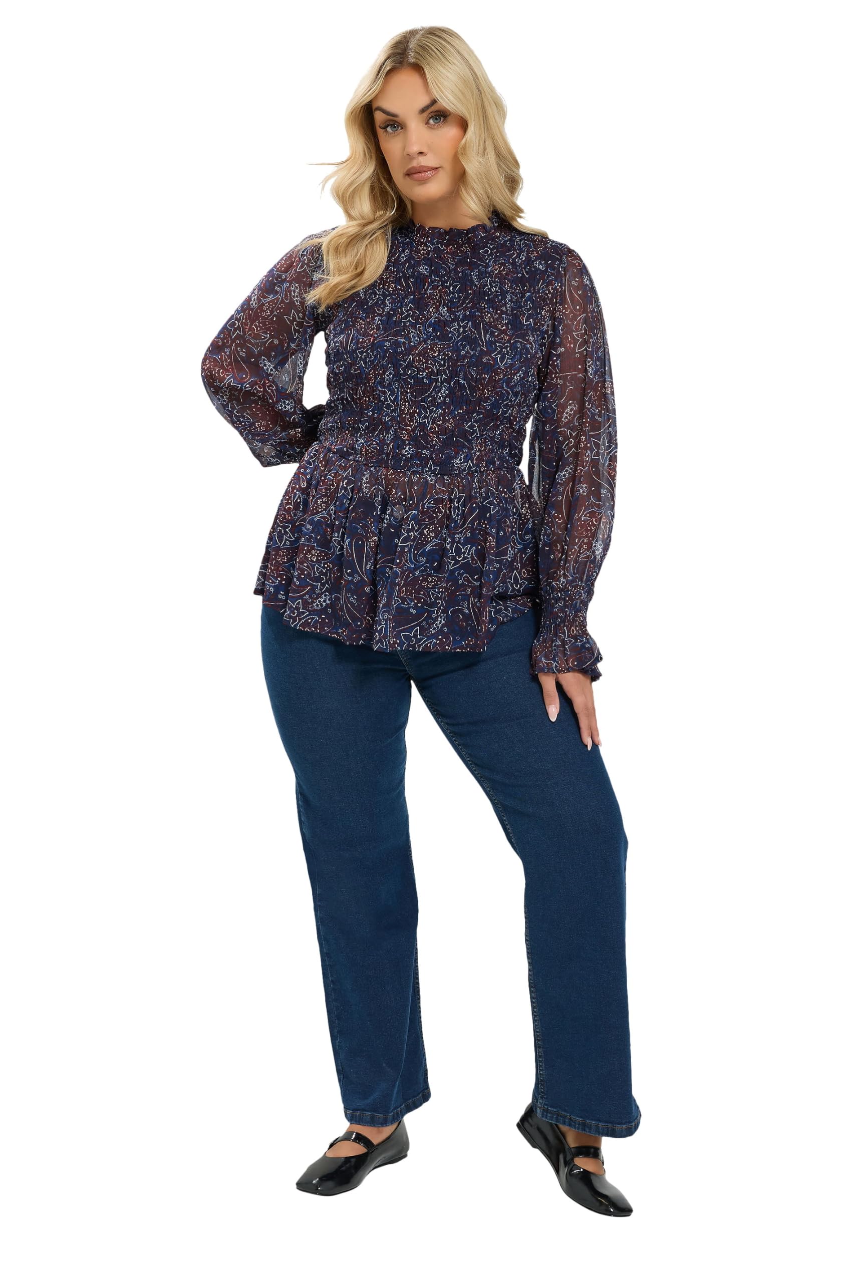 Yours Curve Blue Paisley Print Shirred Front Top - Women's - Plus Size Curve