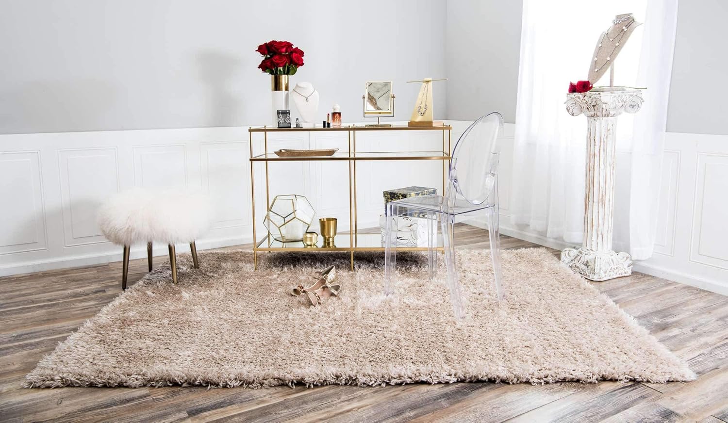 Luxurious Blonde Shag Rectangular Synthetic Area Rug
