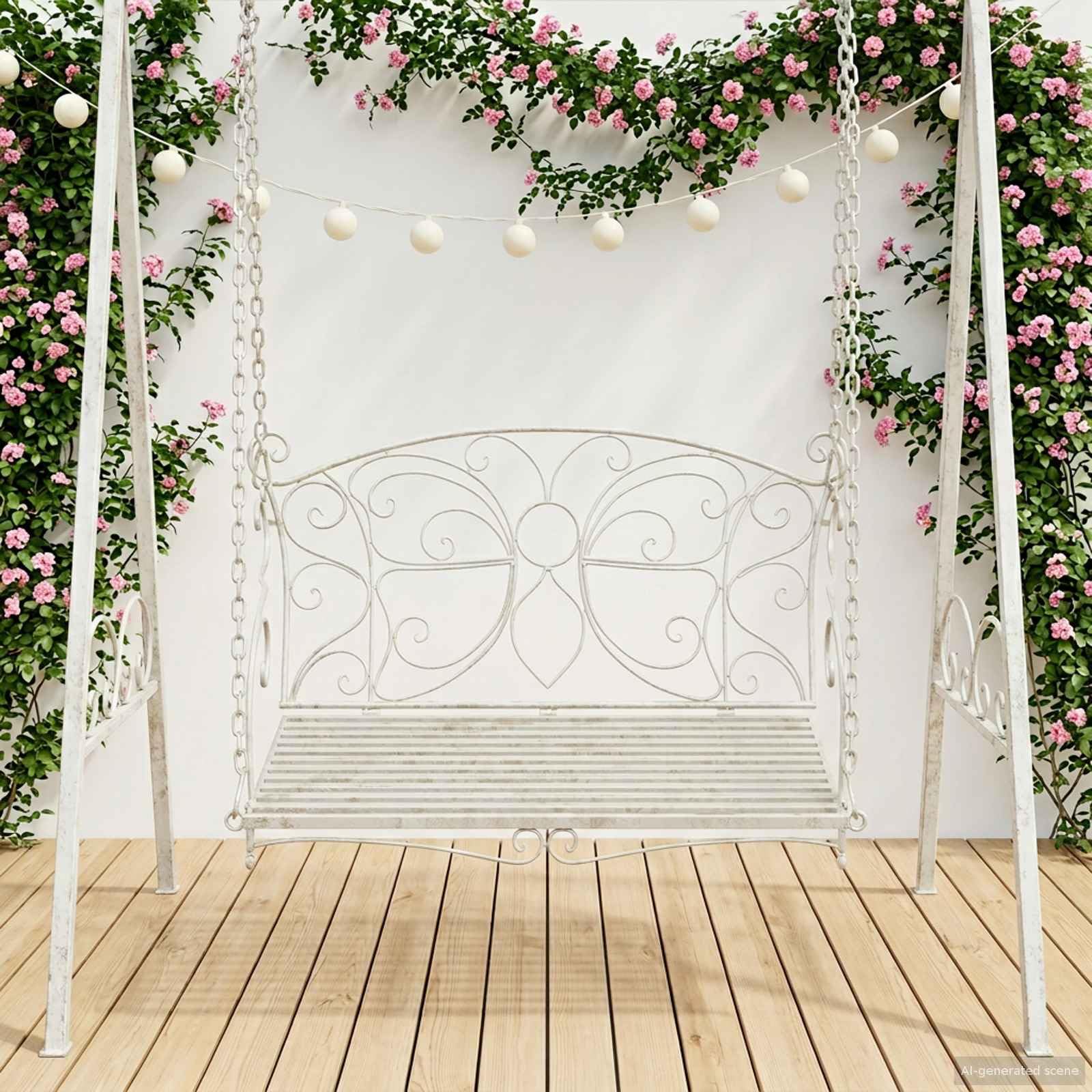 Banco balancín para exteriores, banco de jardín de acero resistente, color blanco envejecido, 105,5 x 61 x 56 cm, para porche y terraza
