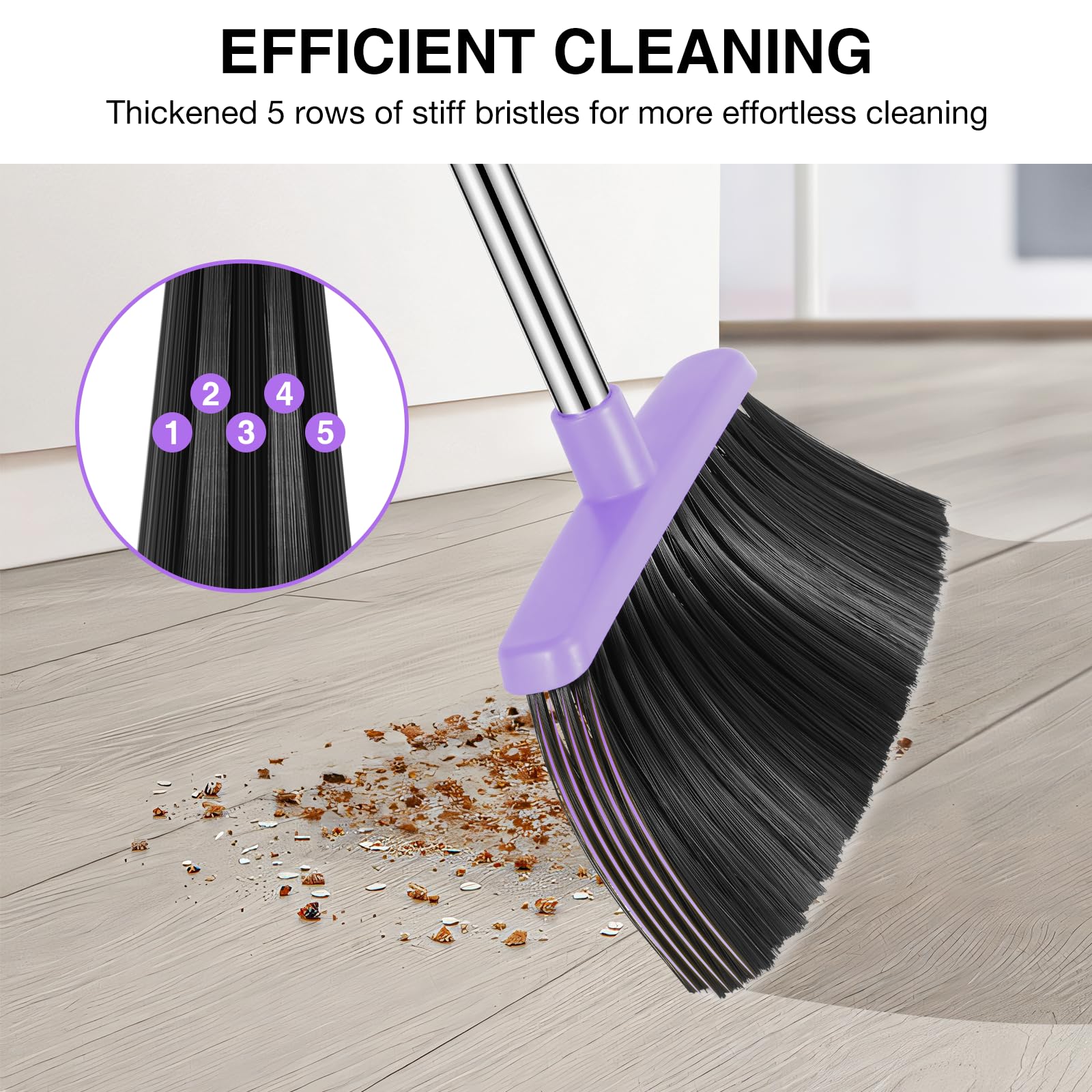 NACENA Besen- und Kehrschaufel-Set, 132,1 cm lang, Verstellbarer Griff, Besen, Kehrschaufel mit Kehrschaufelzähnen zur automatischen Haarreinigung, geeignet für Zuhause, Küche, Büro, Flur, Boden