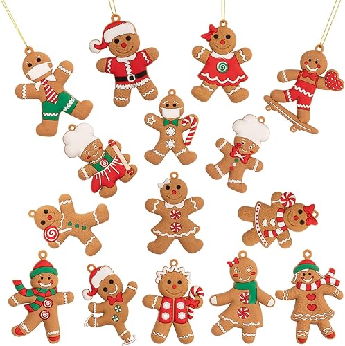 Whaline Juego de 15 adornos de Navidad de pan de jengibre de 2 x 3 pulgadas, figuras colgantes para árbol de Navidad, temporada festiva, decoración Whaline Juego de 15 adornos de Navidad de pan de jengibre de 2 x 3 pulgadas, figuras colgantes para árbol de Navidad, temporada festiva, decoración